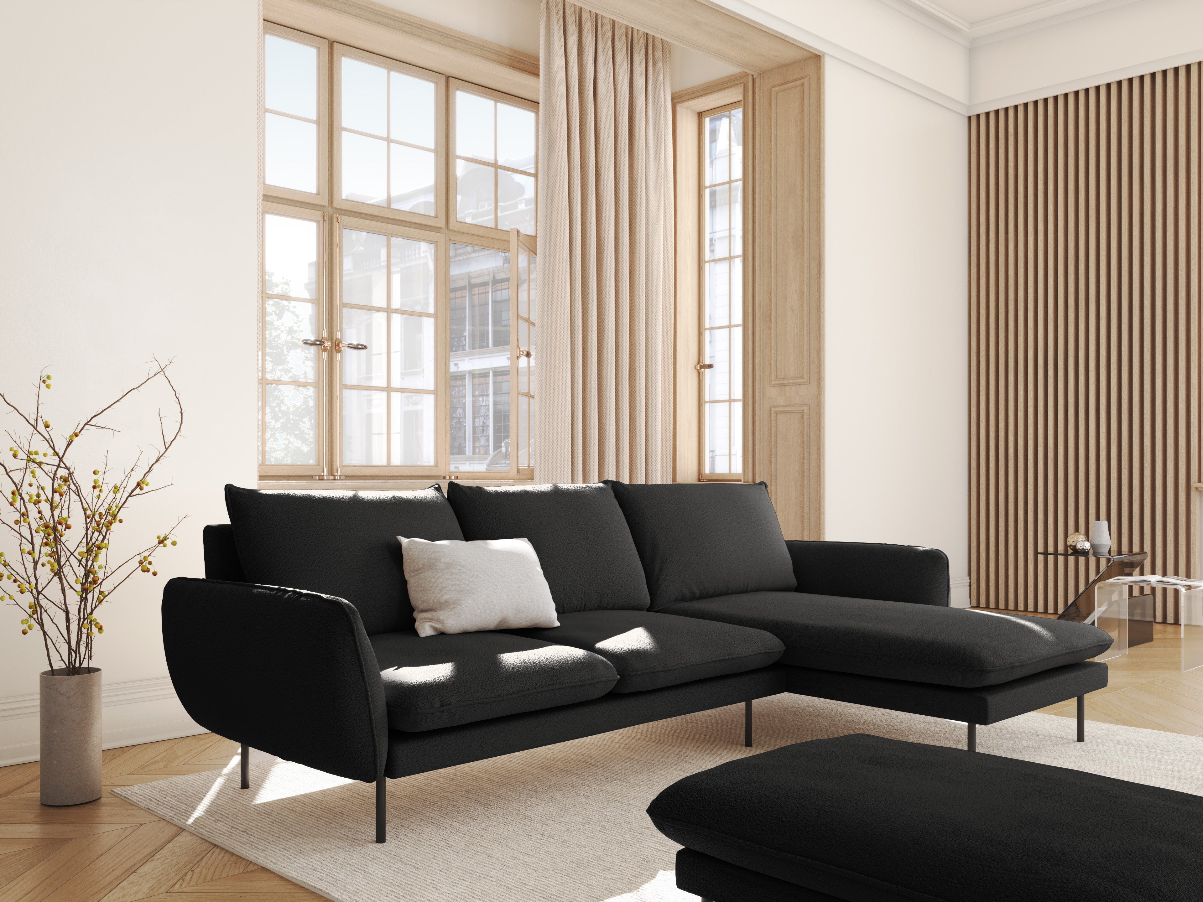 Right-facing 6-seater corner sofa VIENNA in black boucle with a black base