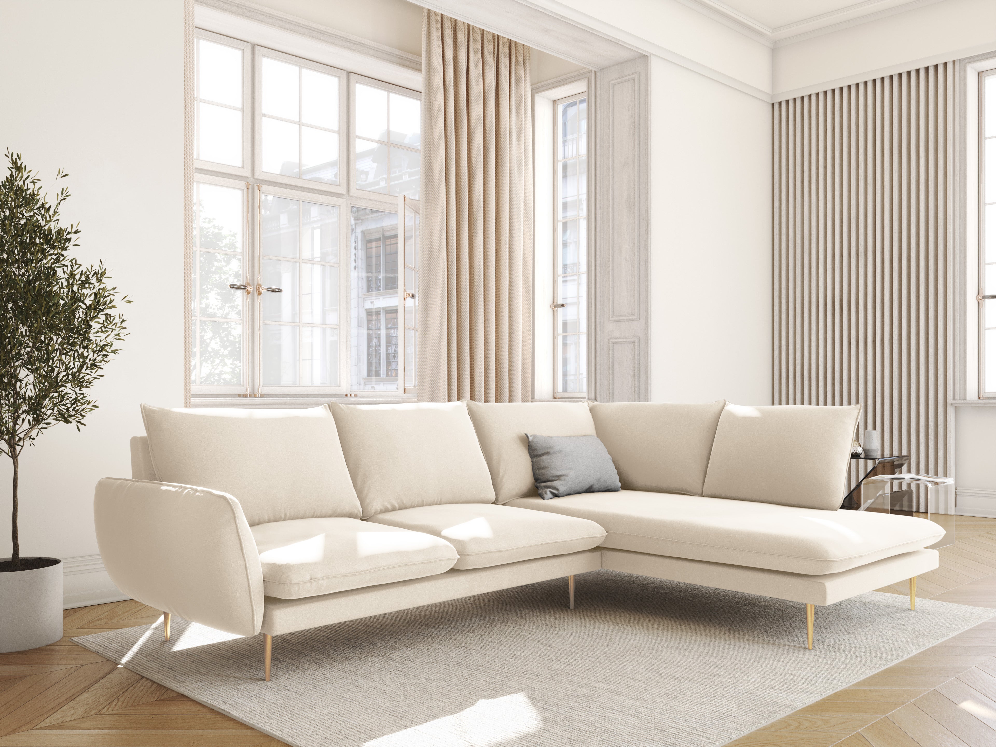 Samt-Ecksofa für 6 Personen rechts VIENNA beige mit goldenem Fuß
