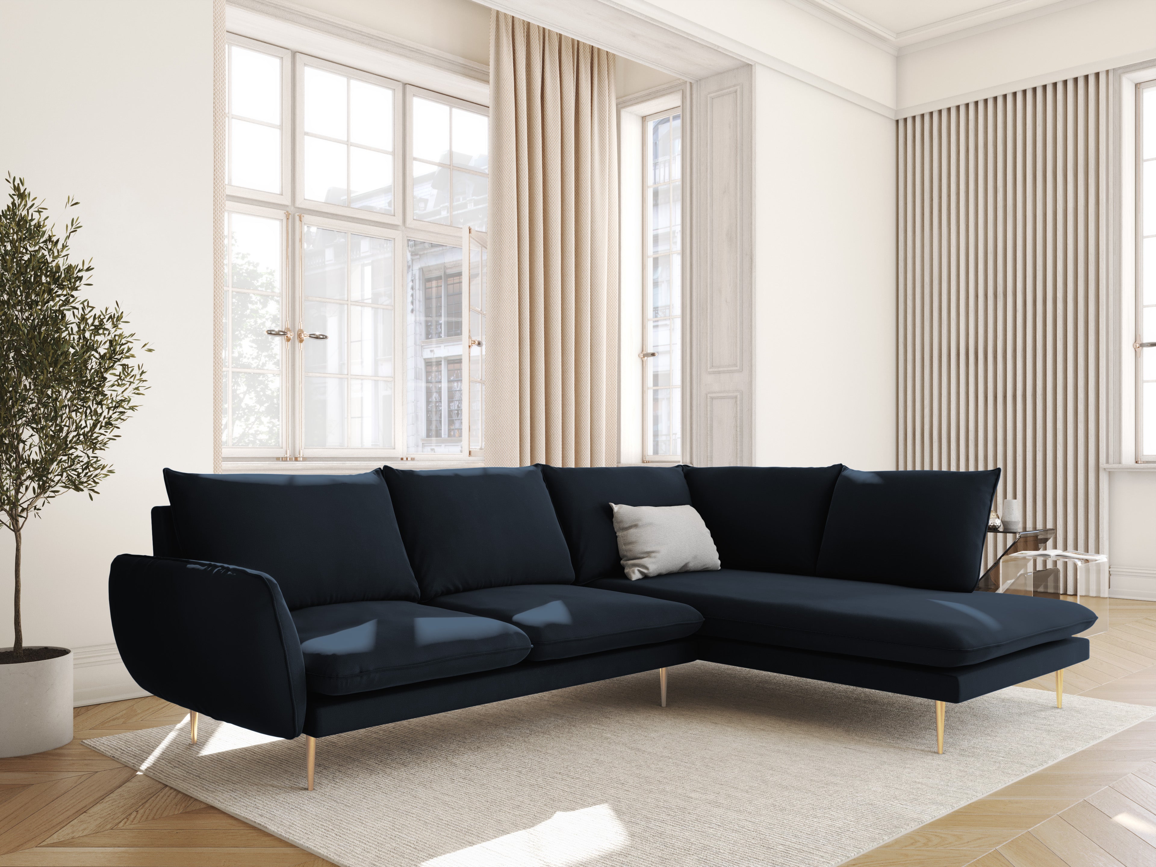 Velvet corner sofa, right-facing, 5-seater VIENNA in dark blue with a gold base