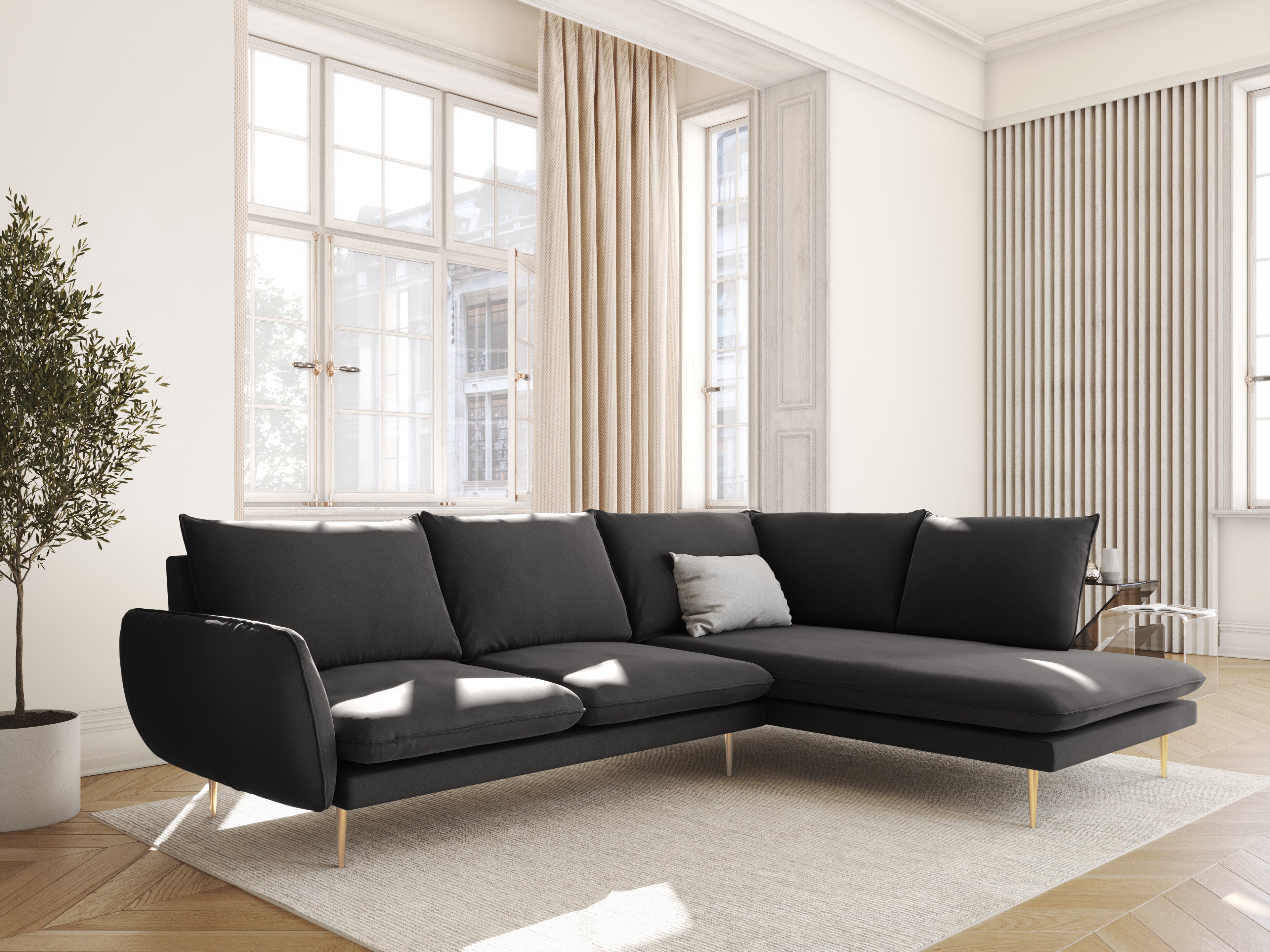 Panoramic Velvet Sofa for 6 People VIENNA Dark Gray with Gold Base