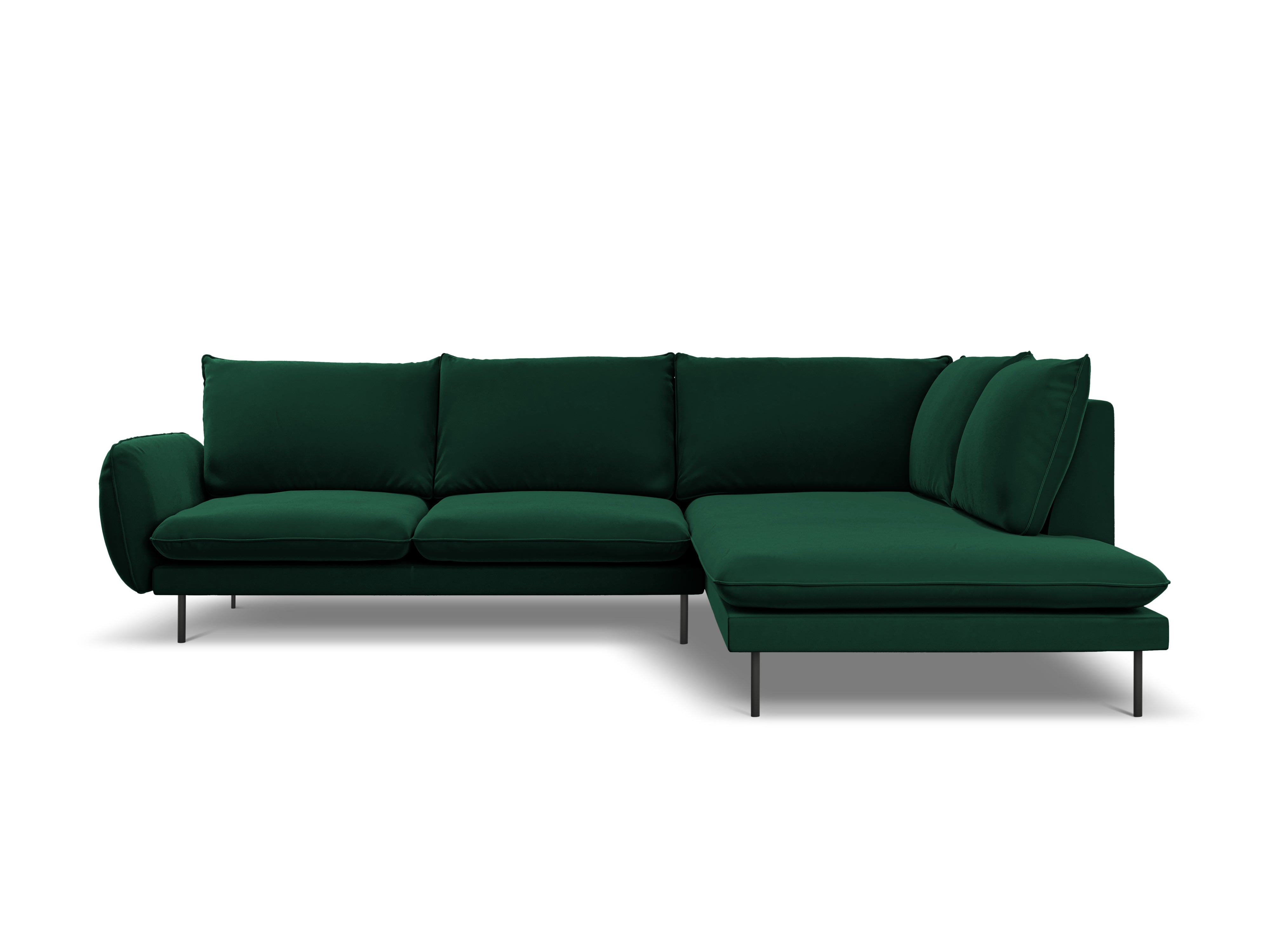Velvet corner sofa, right-facing, 5-seater VIENNA in bottle green with a black base