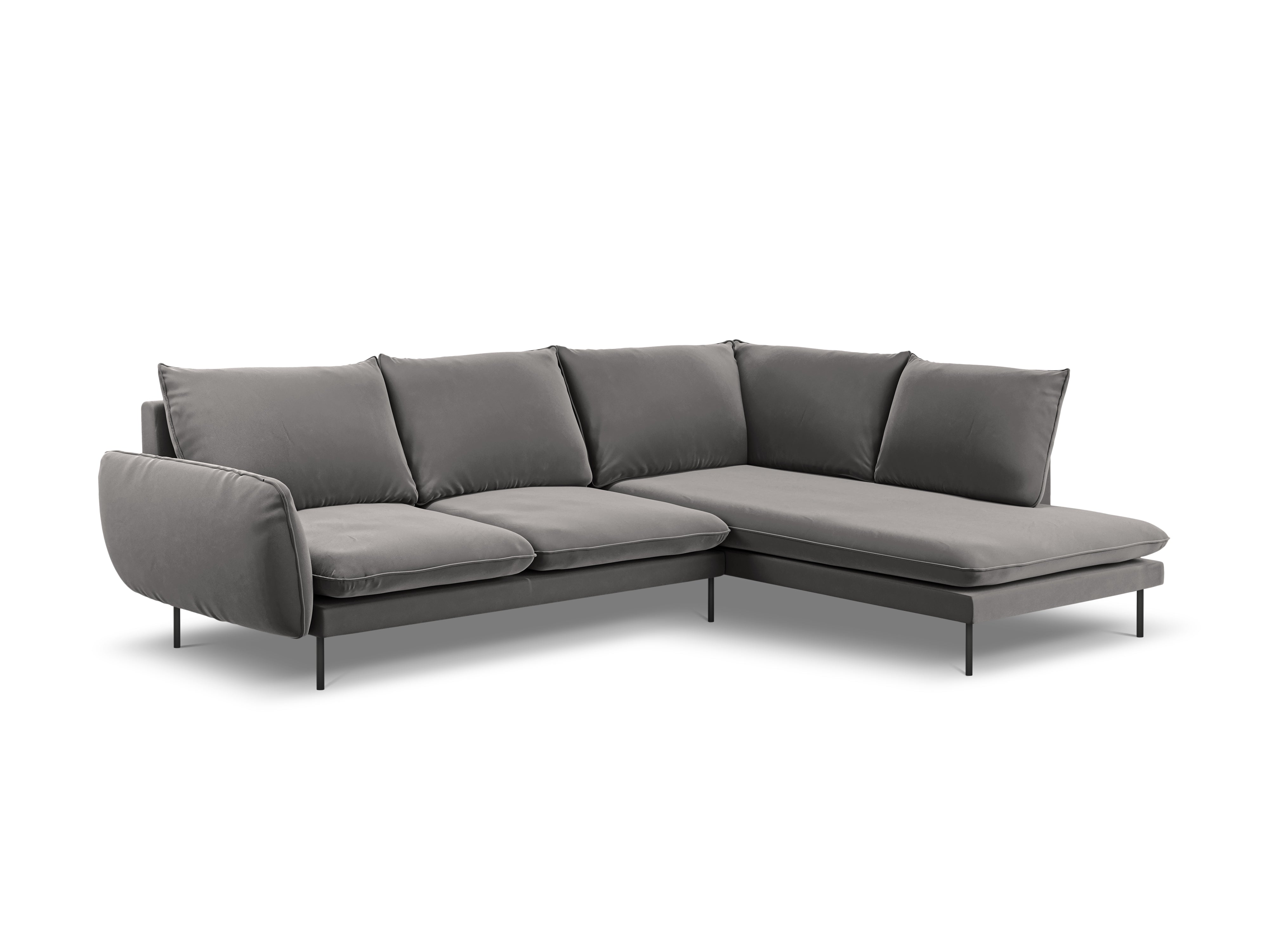 Right-facing velvet corner sofa for 5 people VIENNA in light gray with a black base
