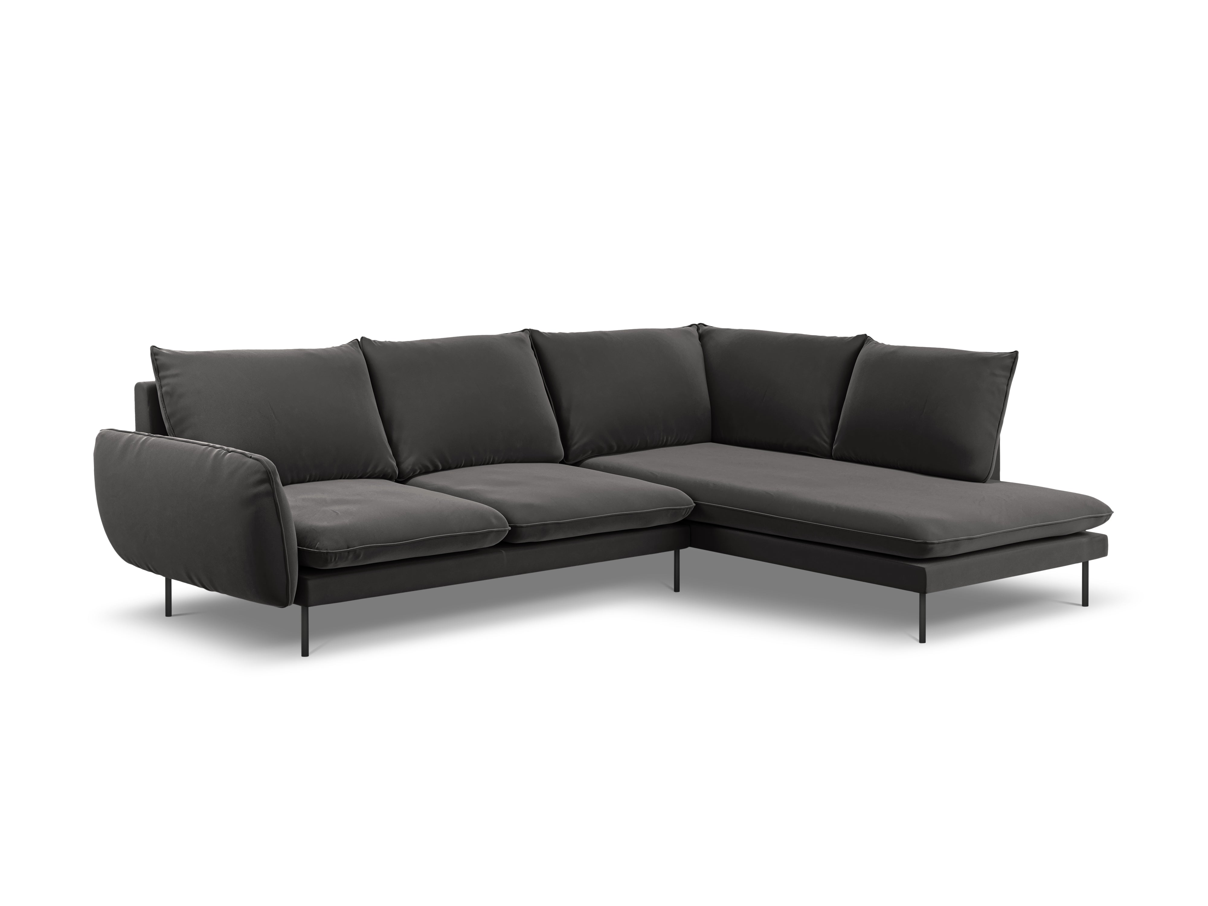 Velvet corner sofa for 6 people, right-facing, VIENNA, dark gray with black base