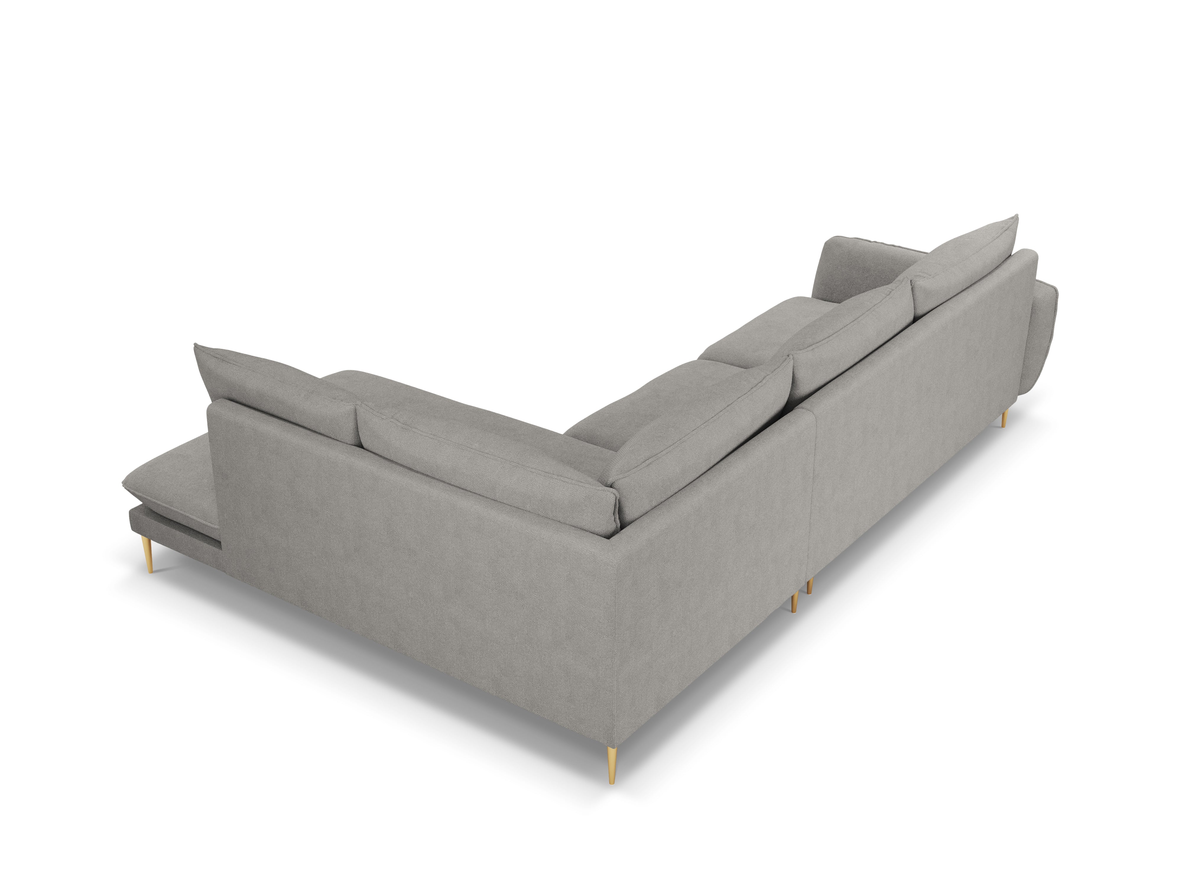 Right-facing 6-seater corner sofa VIENNA light gray chenille with a gold base