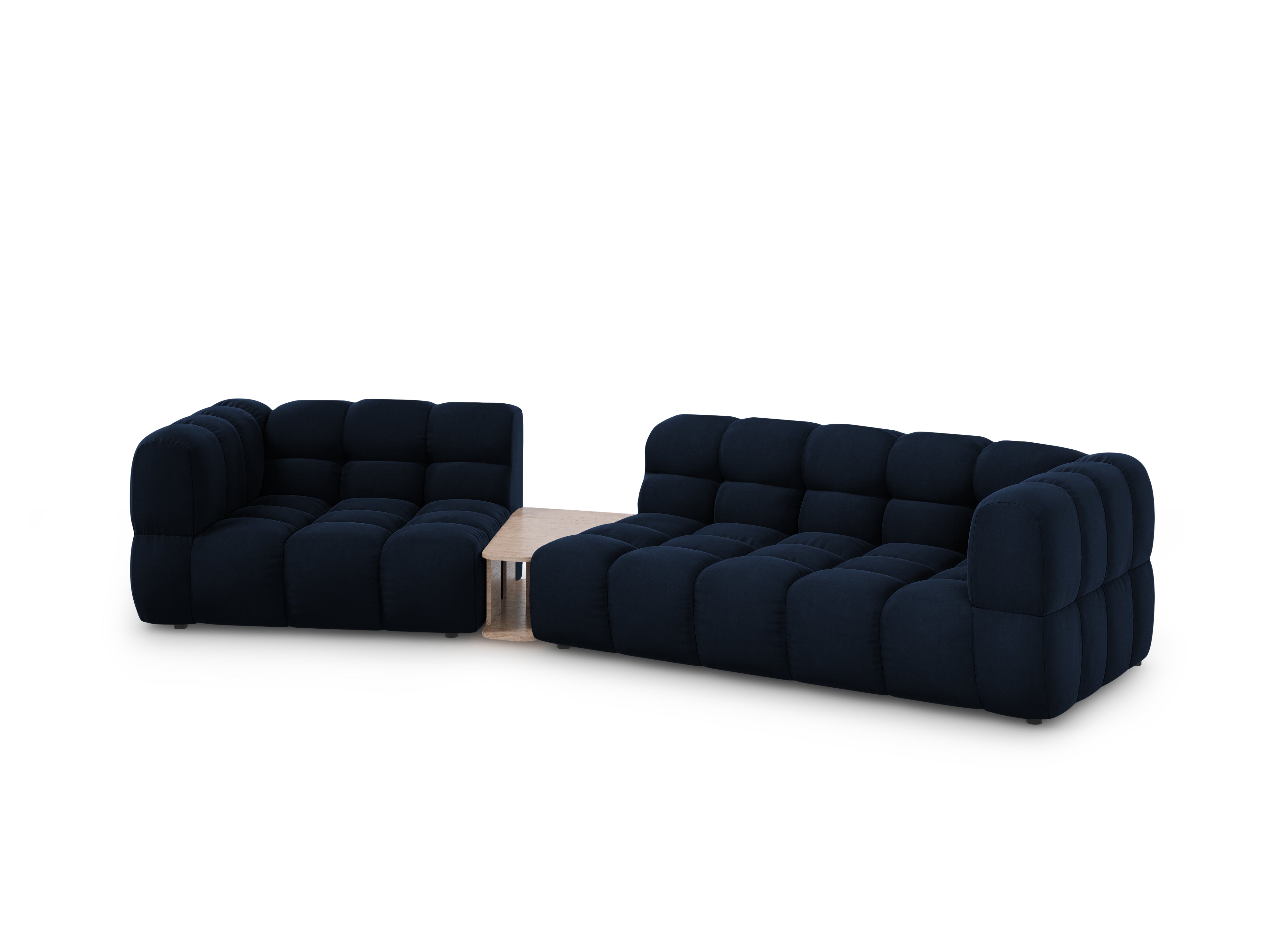 Sofa aksamitna lewostronna 3-osobowa zaokrąglona ze stolikiem SKY granat królewski Cosmopolitan Design    Eye on Design