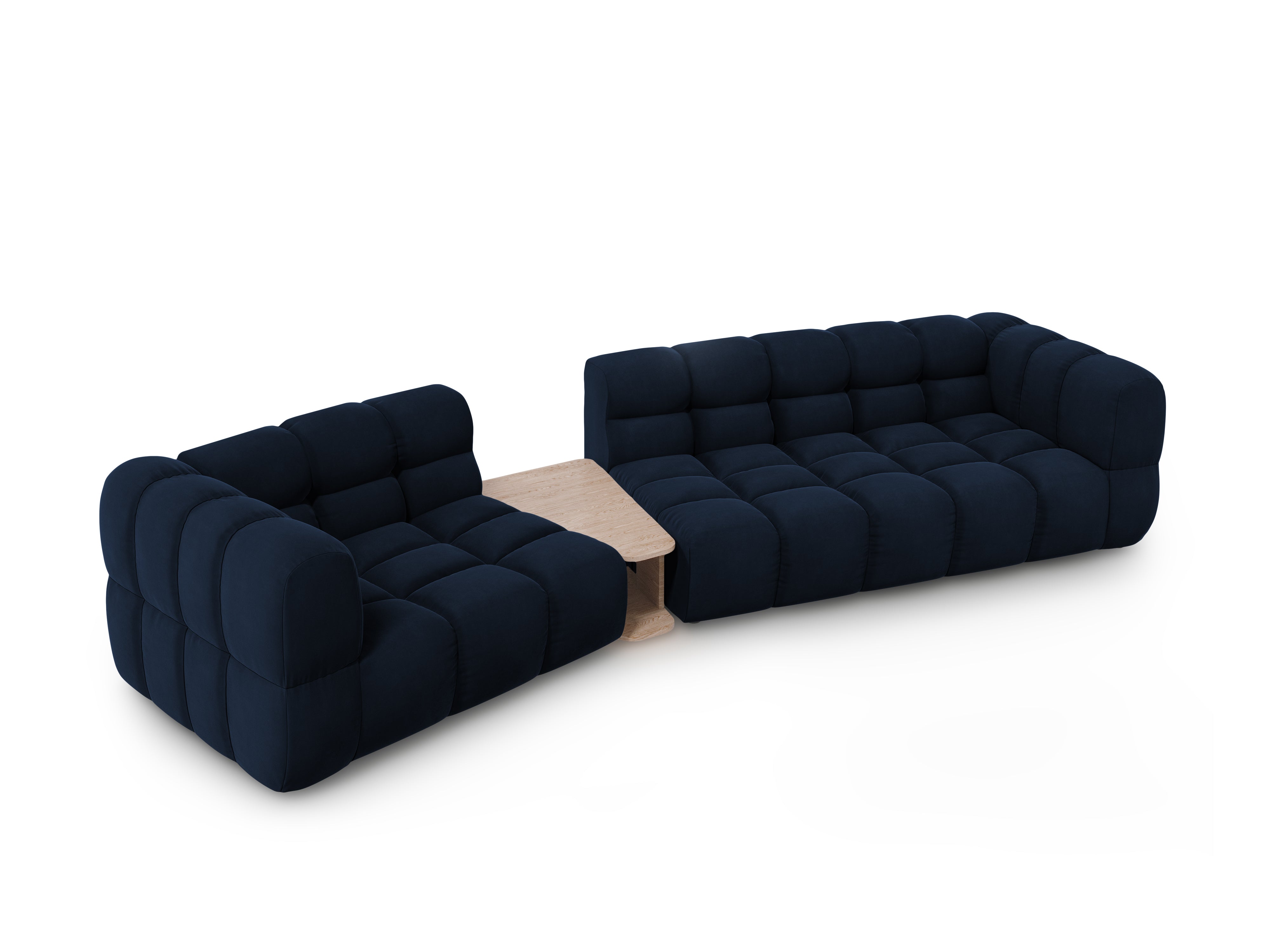 Sofa aksamitna lewostronna 3-osobowa zaokrąglona ze stolikiem SKY granat królewski Cosmopolitan Design    Eye on Design