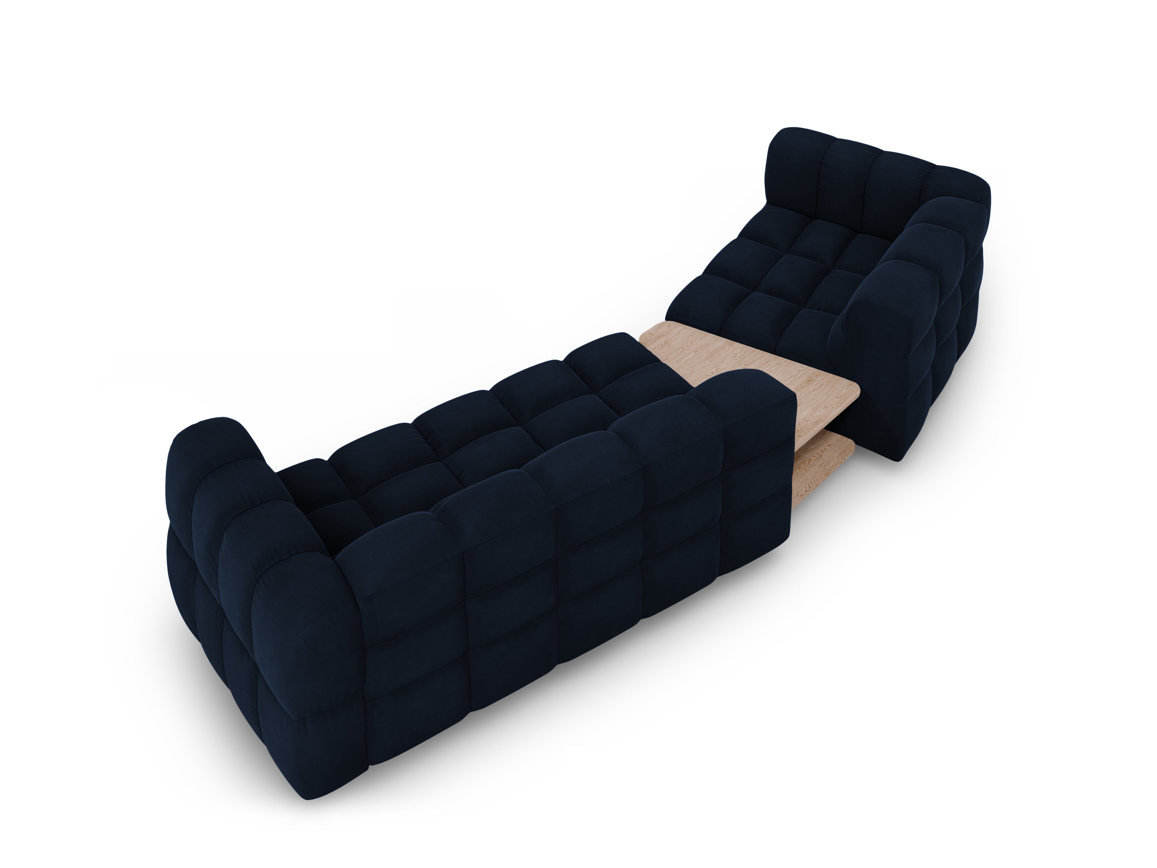 Sofa aksamitna lewostronna 3-osobowa zaokrąglona ze stolikiem SKY granat królewski Cosmopolitan Design    Eye on Design