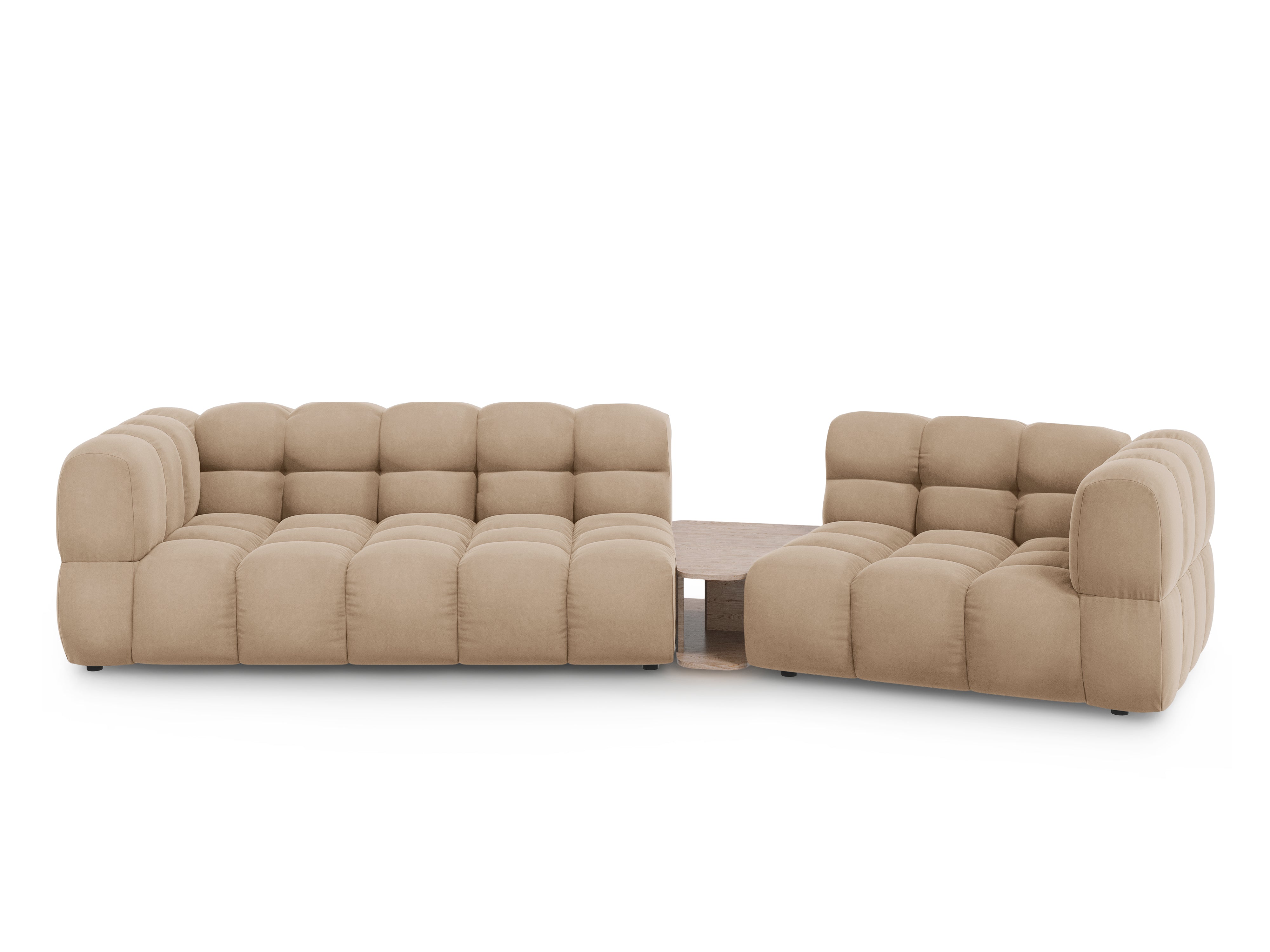 Sofa aksamitna prawostronna 3-osobowa zaokrąglona ze stolikiem SKY piaskowy Cosmopolitan Design    Eye on Design