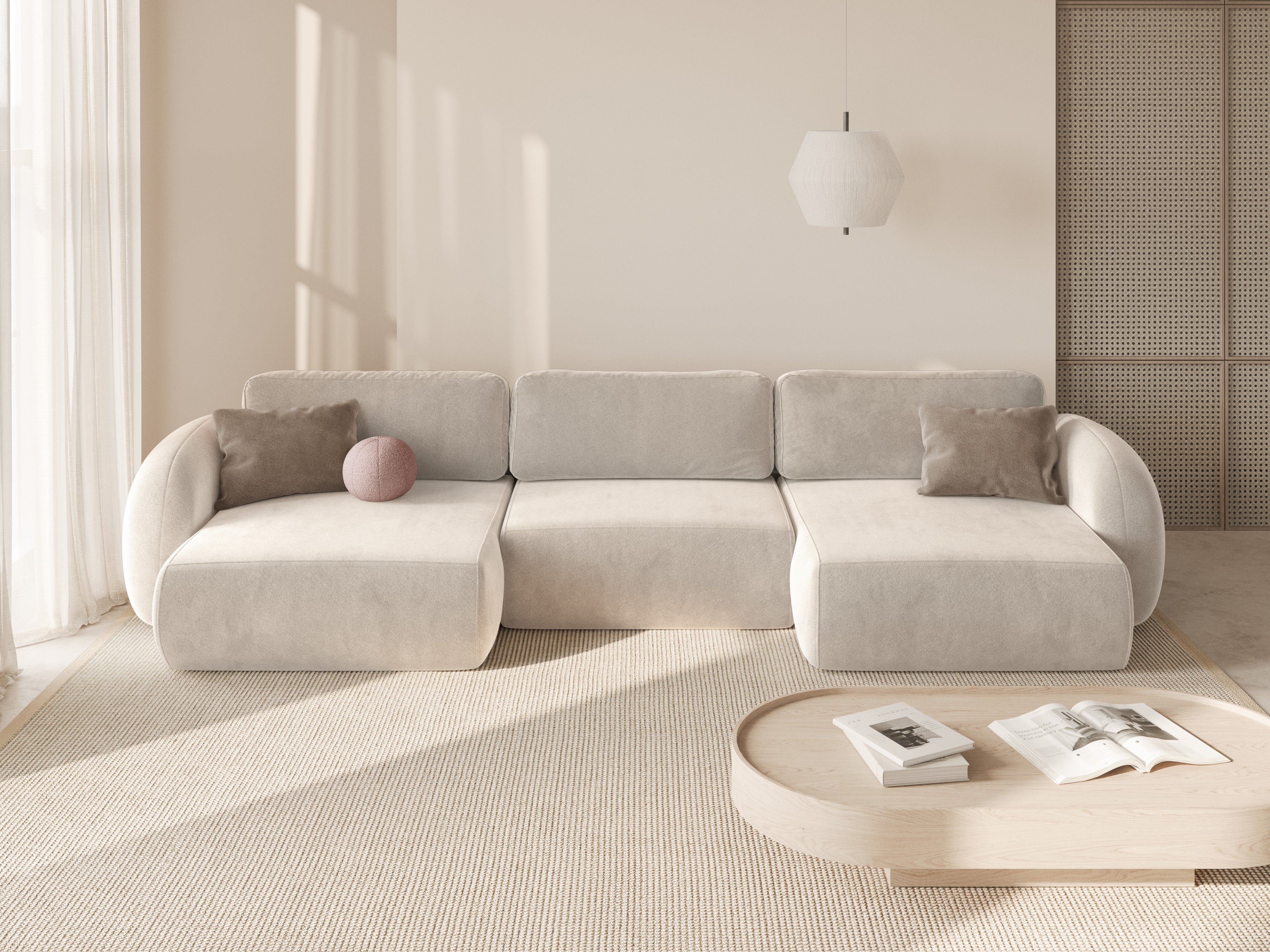 Sofa panoramisch samtig mit Schlaf-Funktion für 5 Personen TONALE cremefarben