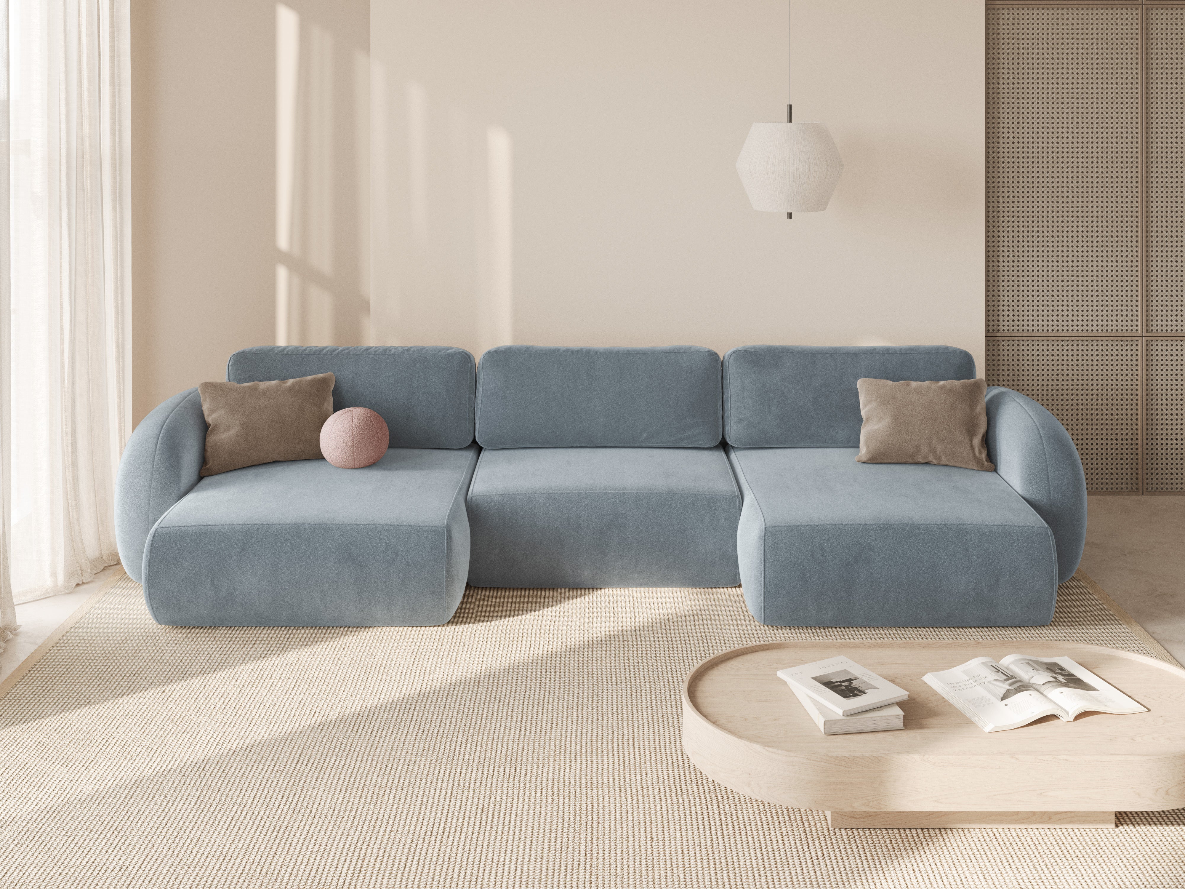 Sofa panoramisch aus Samt mit Schlaf-Funktion für 5 Personen TONALE himmelblau