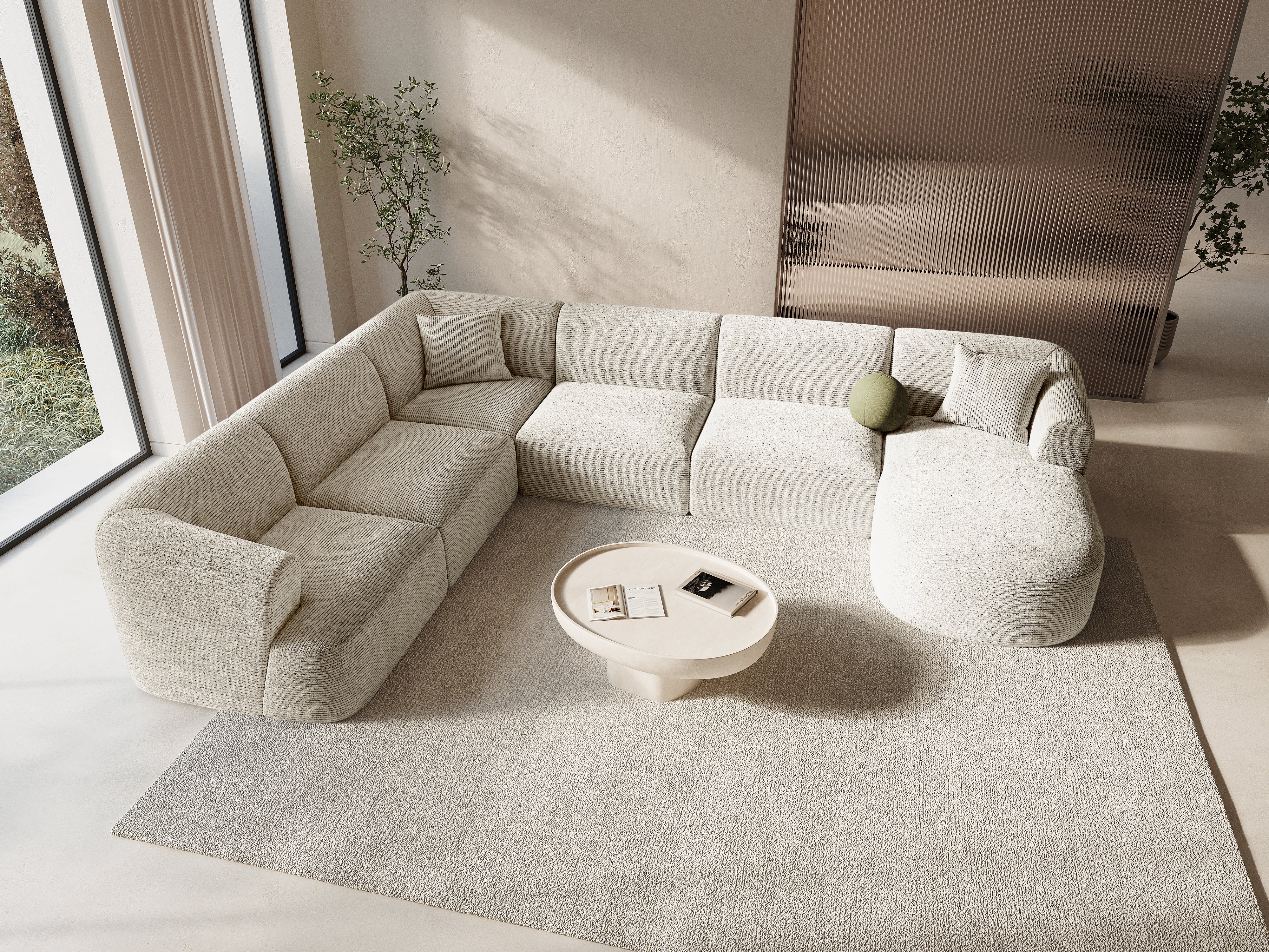 Linksseitiges Panoramabettsofa für 7 Personen CAMPI in cremefarbener Cord-Optik