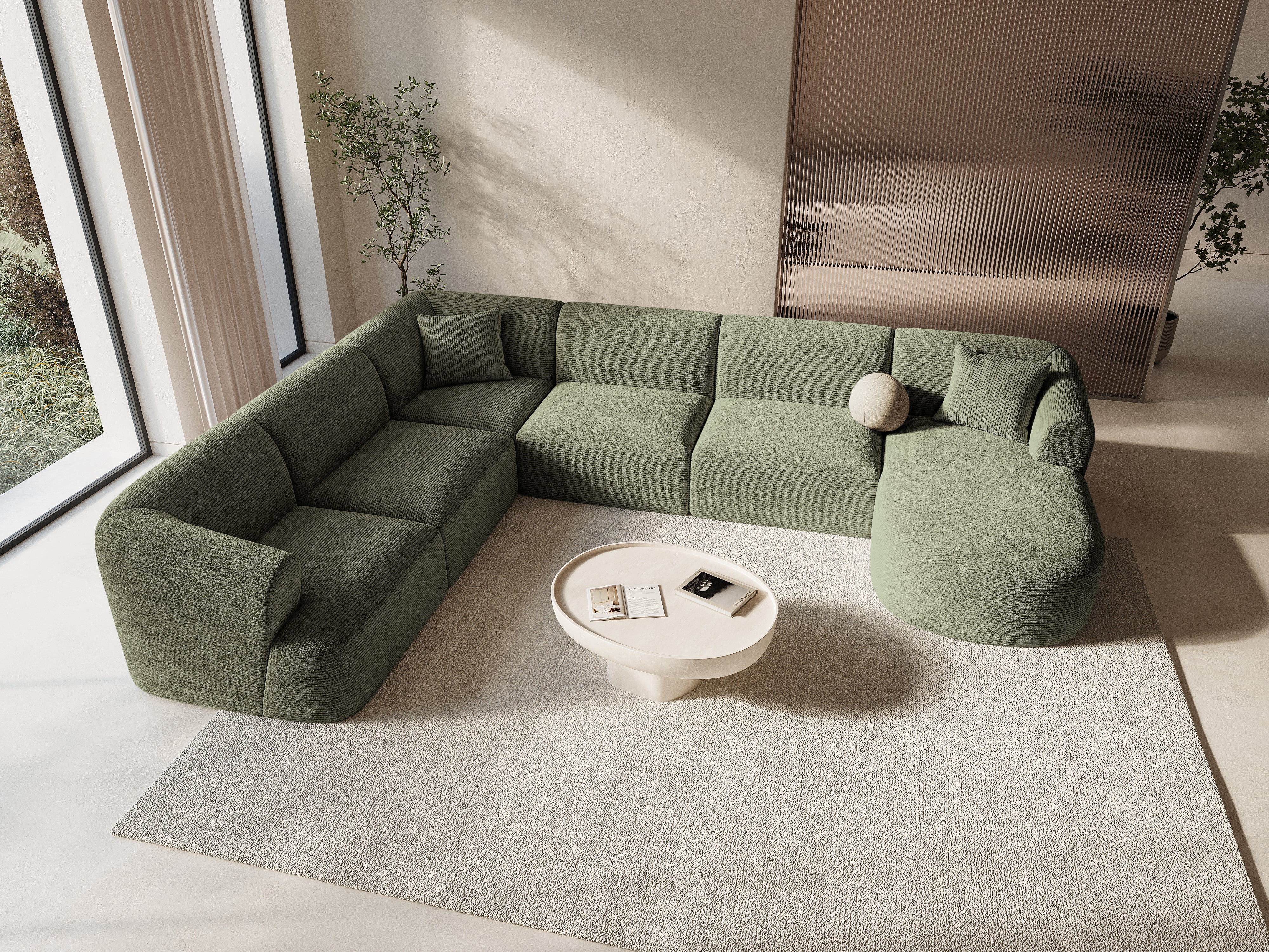 Linksseitiges Panoramabettsofa für 7 Personen CAMPI in grünem Cord