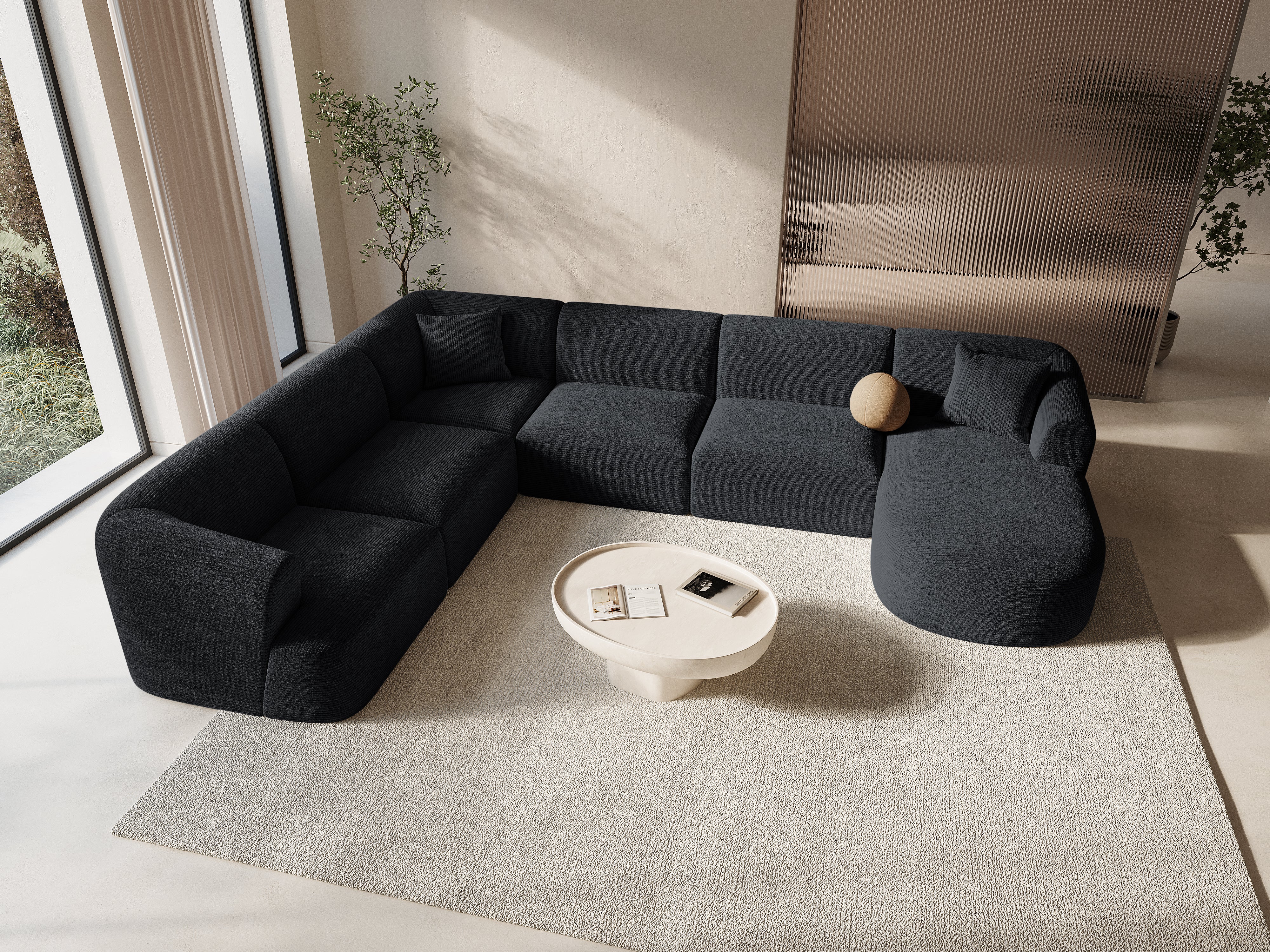 Linksseitiges Panoramabettsofa für 7 Personen CAMPI schwarzer Cord