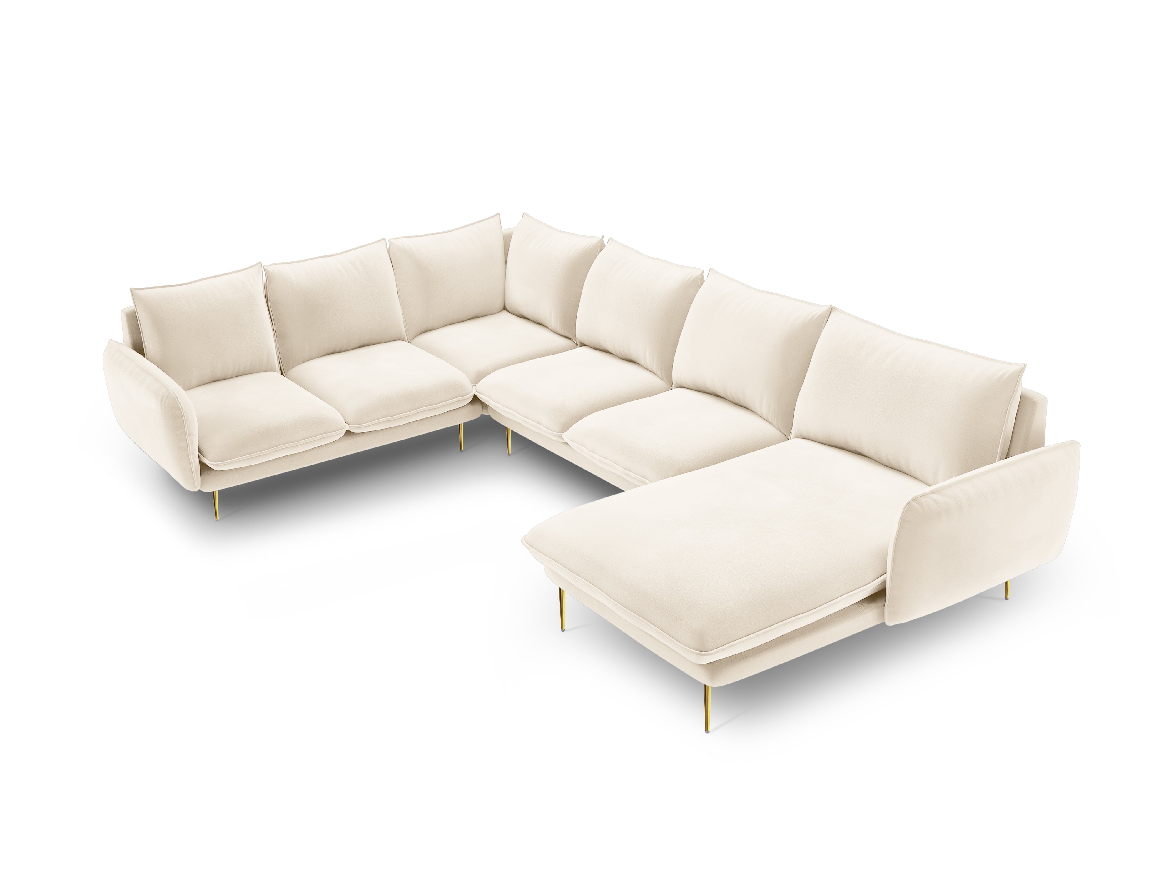 Panoramischer Samt-Ecksofa linksseitig für 7 Personen VIENNA hellbeige mit goldener Basis