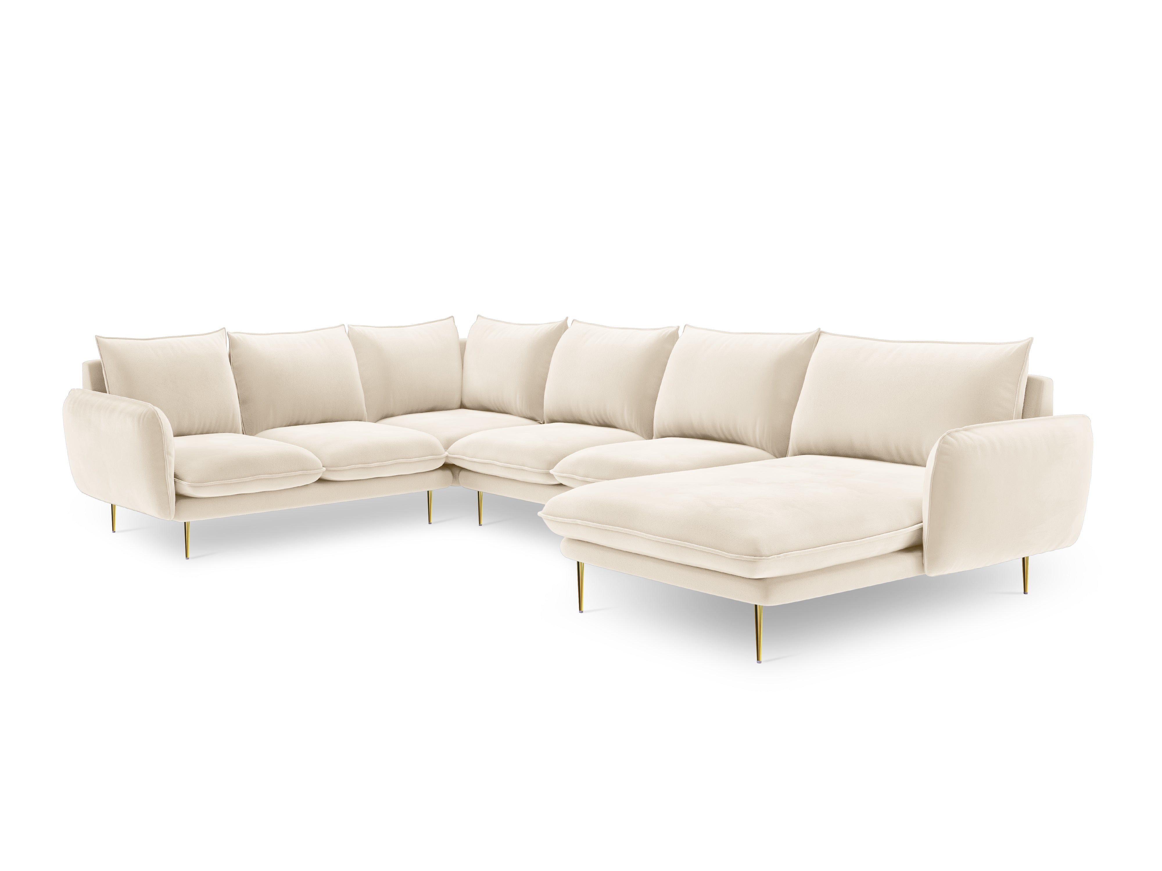 Panoramischer Samt-Ecksofa linksseitig für 7 Personen VIENNA hellbeige mit goldener Basis