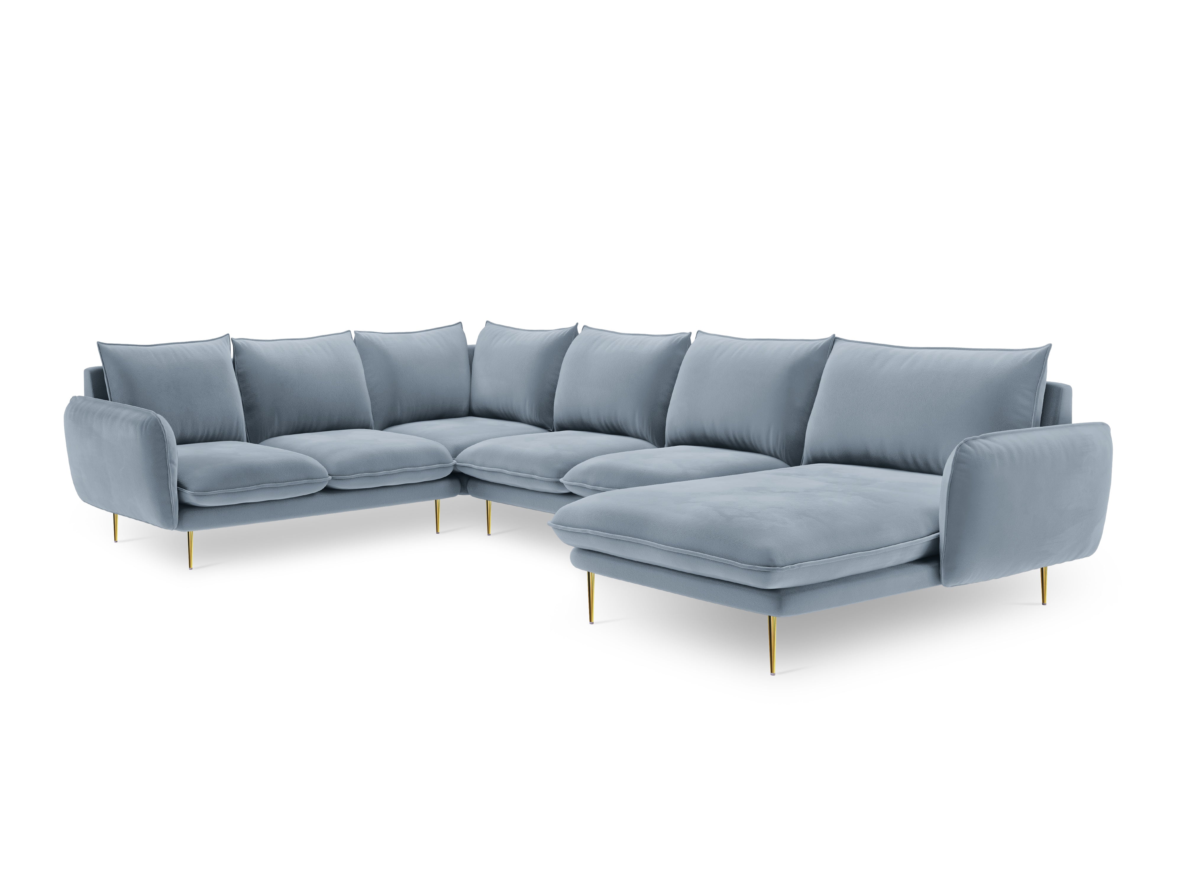Panoramic Velvet Left-Facing Sofa for 7 People VIENNA Light Blue with Gold Base