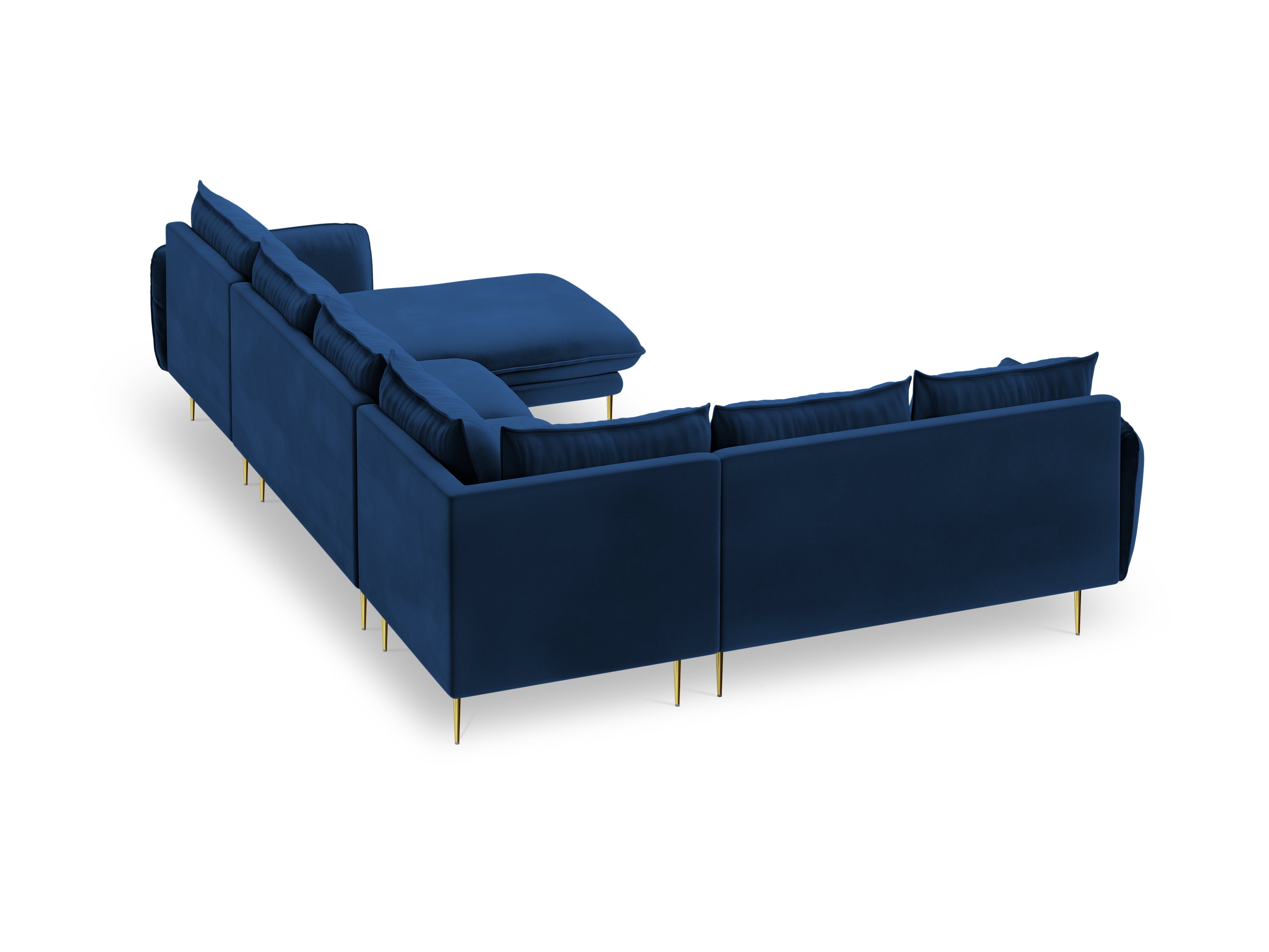 Left-facing velvet panoramic corner sofa for 7 people VIENNA in royal blue with a gold base