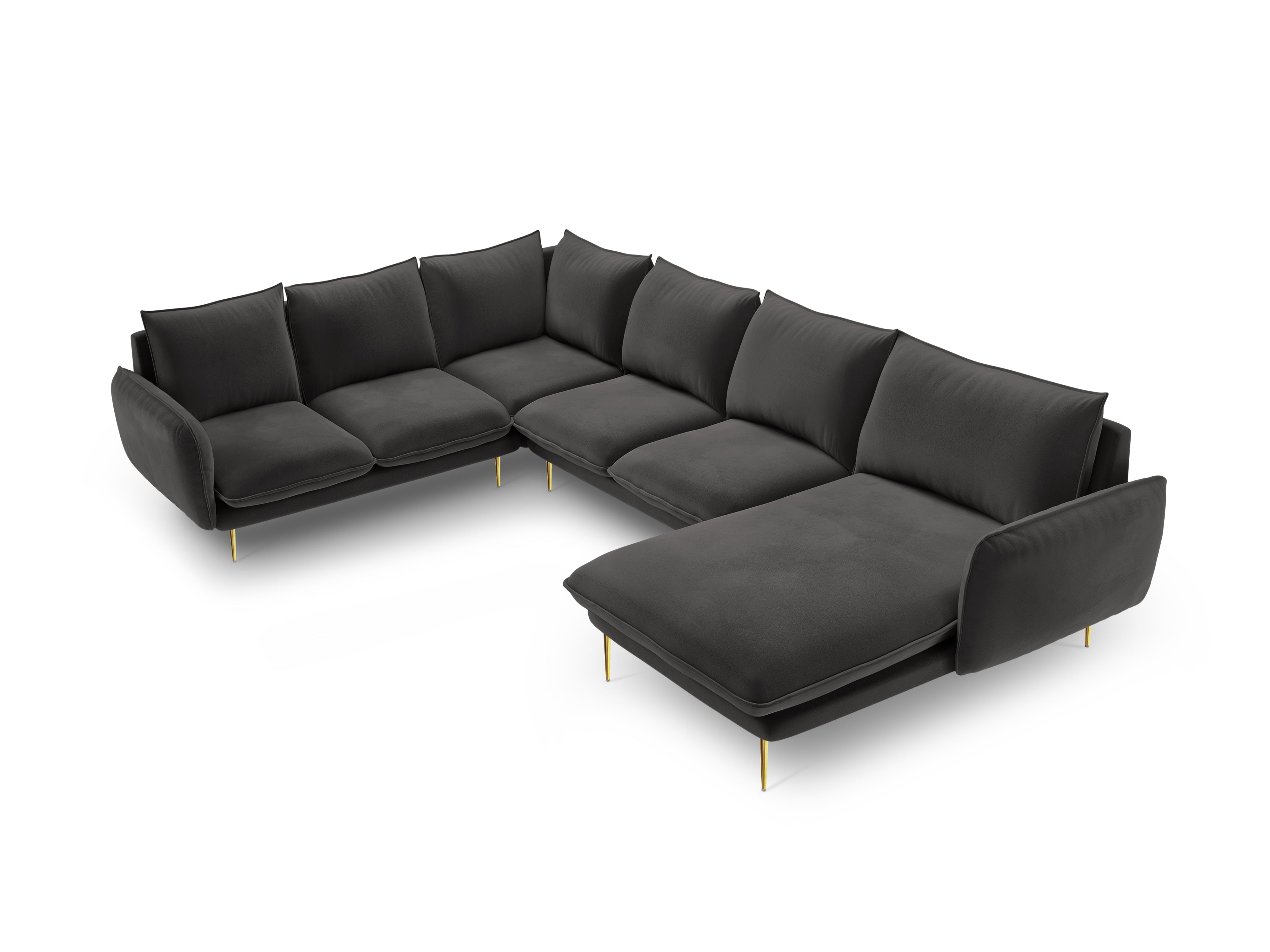 Panoramic Velvet Left-Facing Sofa for 7 People VIENNA Dark Gray with Gold Base