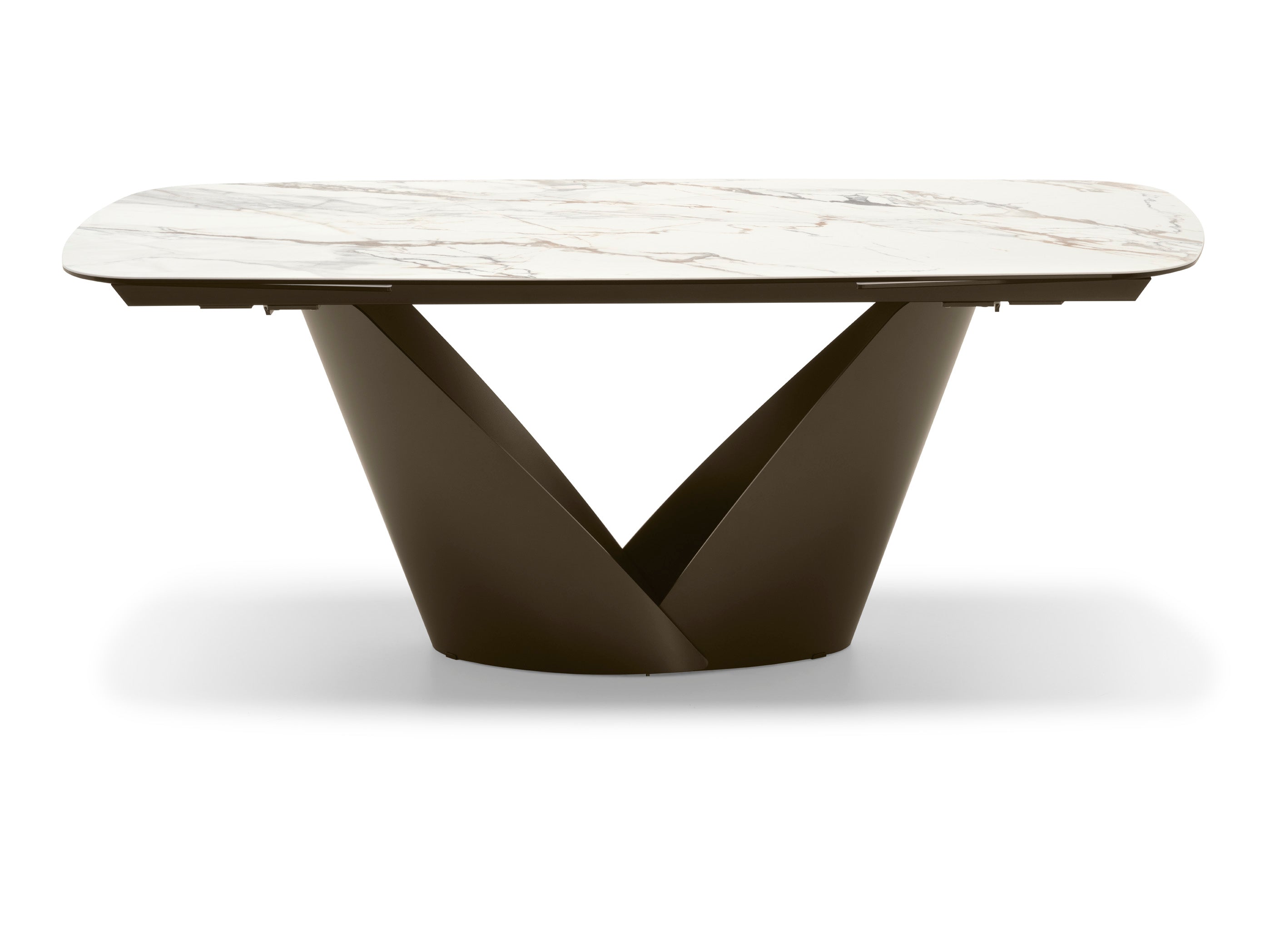Expandable table CALLA with a white ceramic top and a brown base