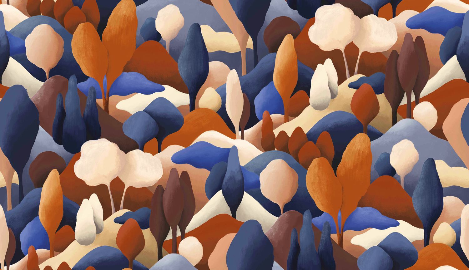 Textile wallpaper with a plant motif ORÉE - ELECTRIC BLUE/MAHOGANY blue with orange