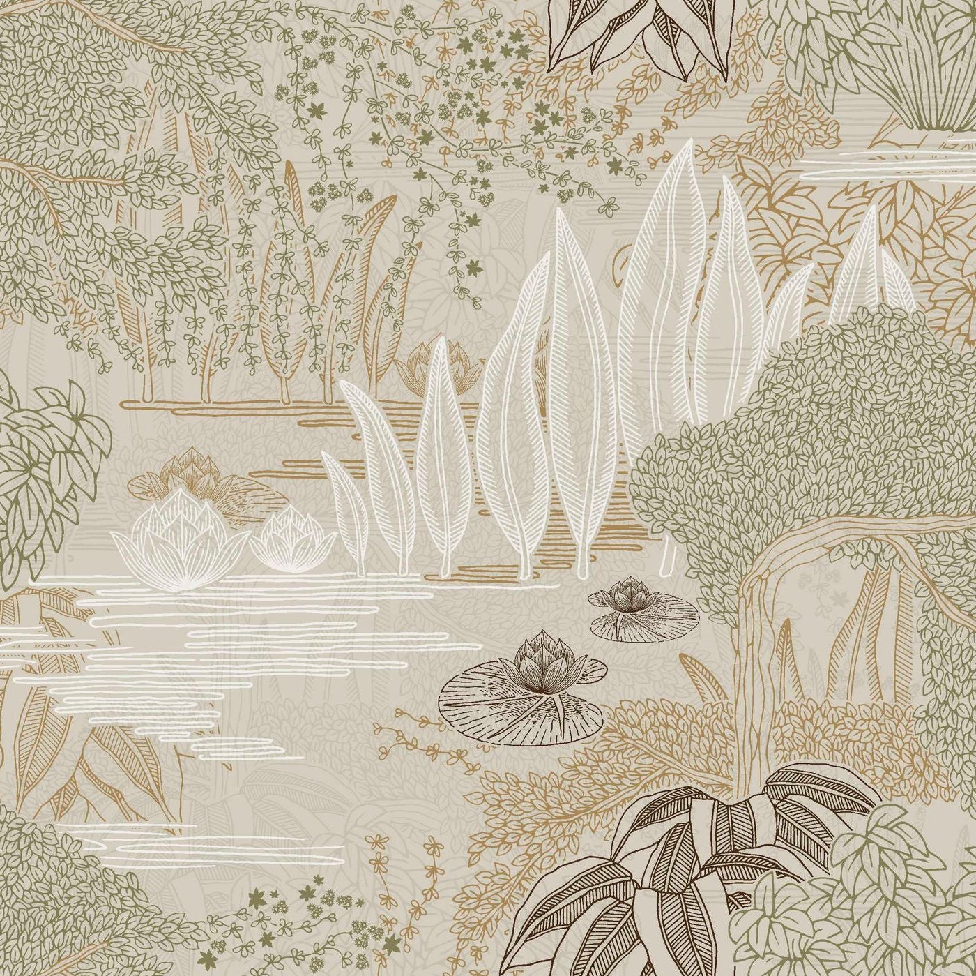 Wallpaper with a plant landscape of a water garden JASMIN - GREGE/GREEN CLAY muted beige with green