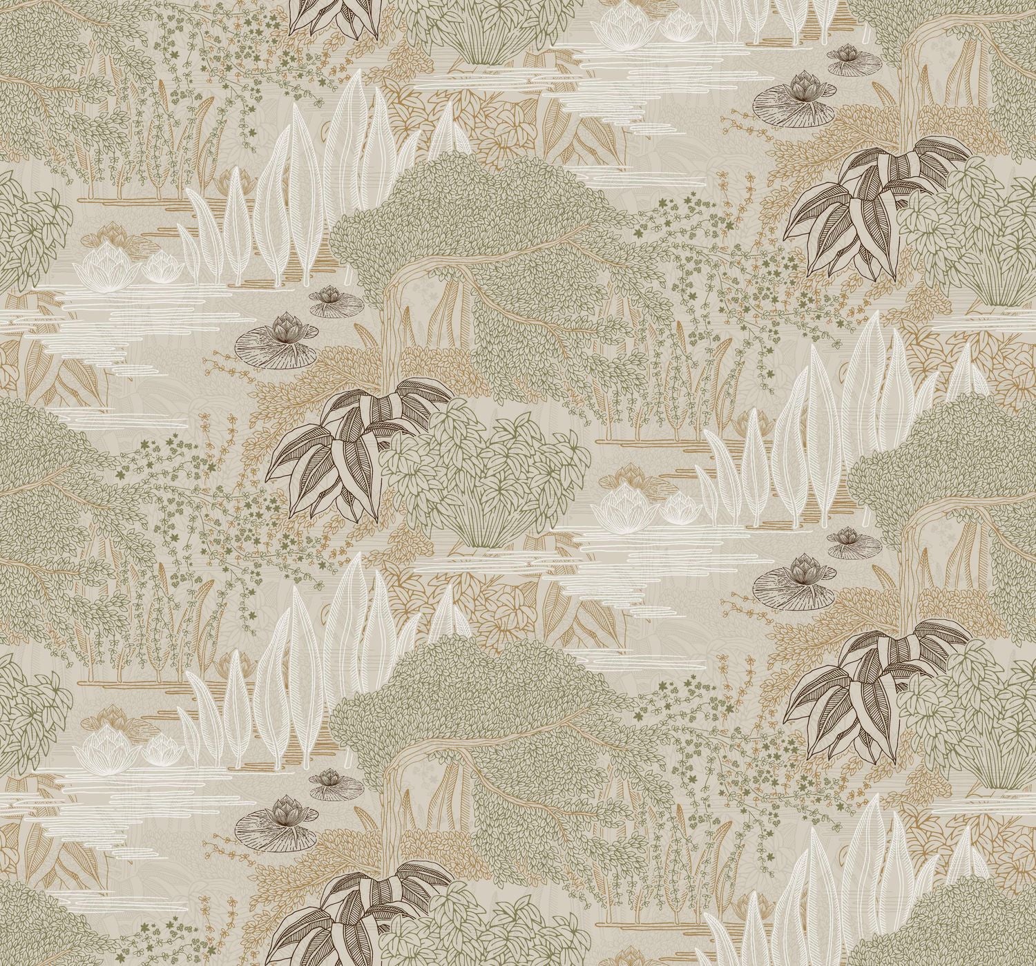 Wallpaper with a plant landscape of a water garden JASMIN - GREGE/GREEN CLAY muted beige with green