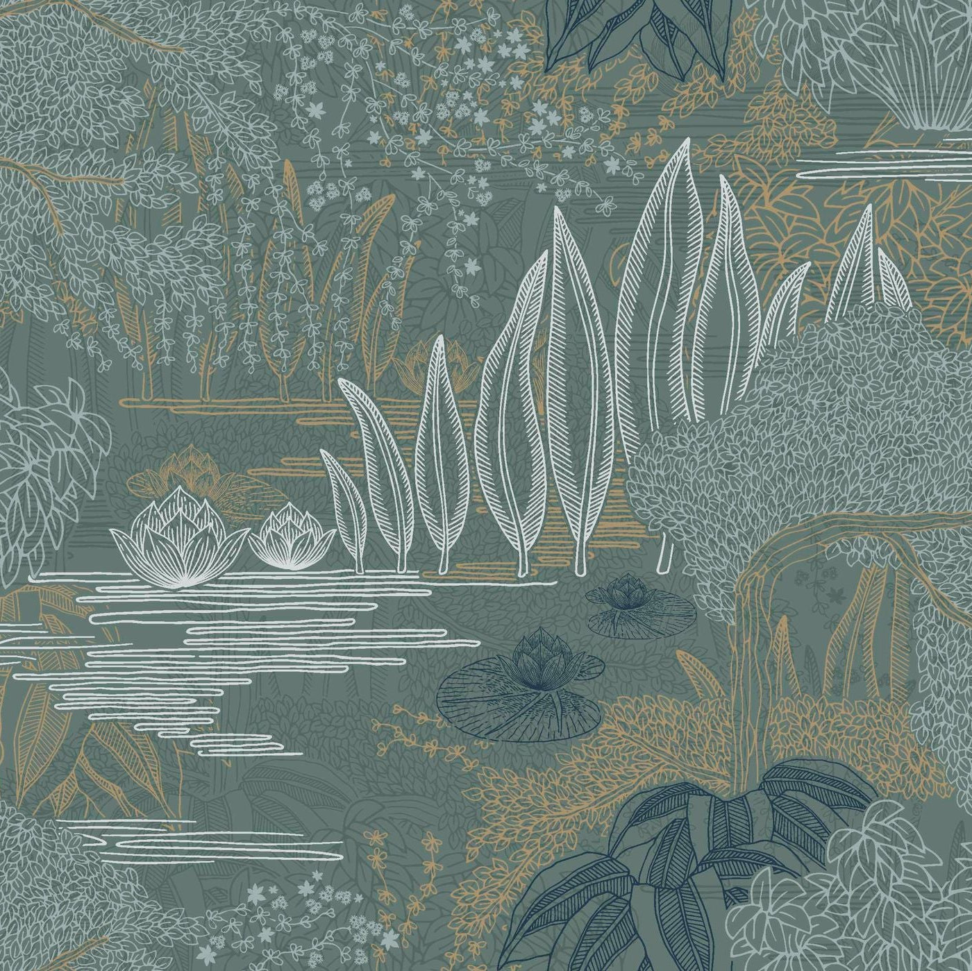Tapete mit pflanzlichem Landschaftsmotiv eines Wassergartens JASMIN - VERT DE GRIS/DORÉ grün mit Gold