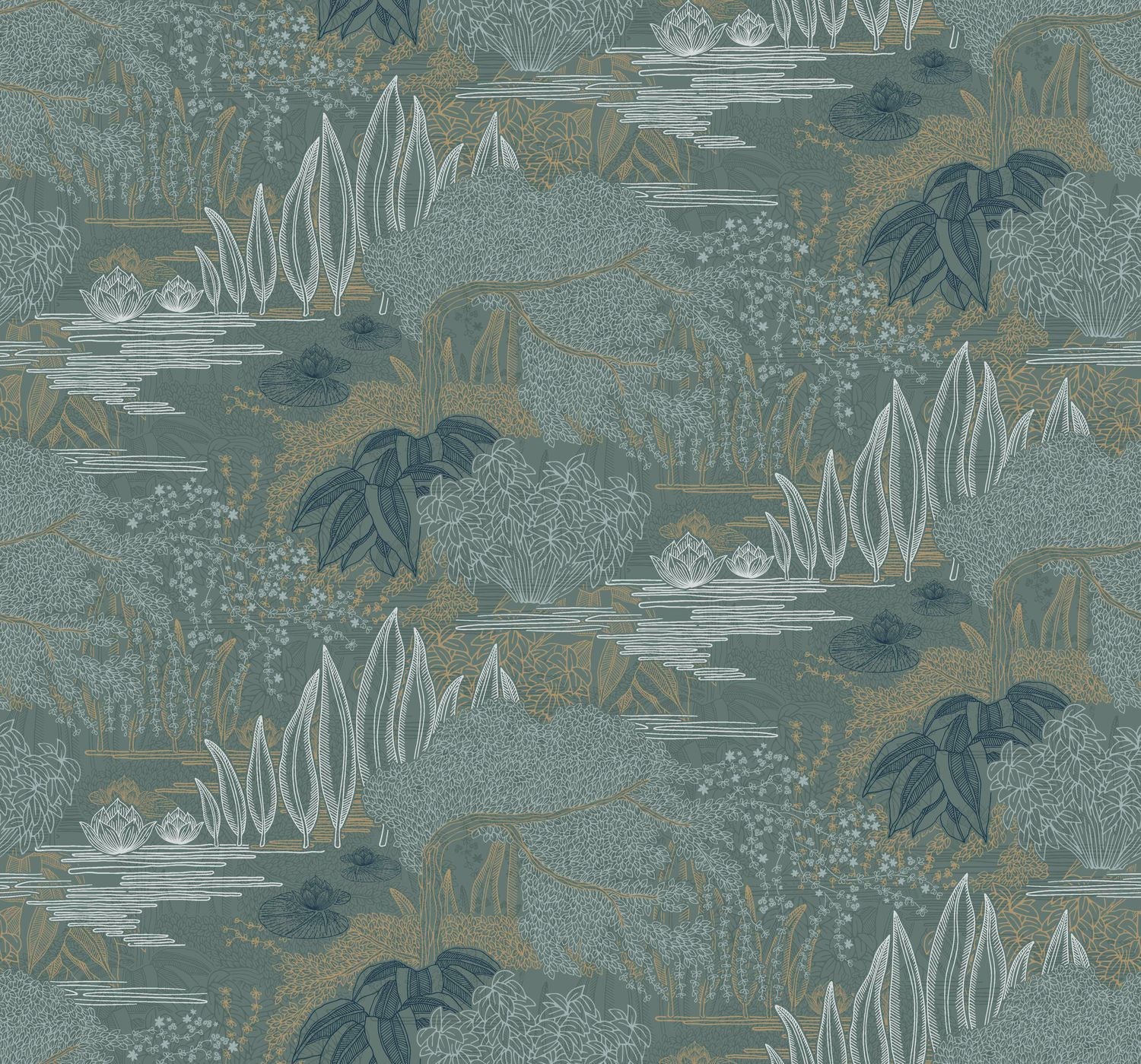 Tapete mit pflanzlichem Landschaftsmotiv eines Wassergartens JASMIN - VERT DE GRIS/DORÉ grün mit Gold