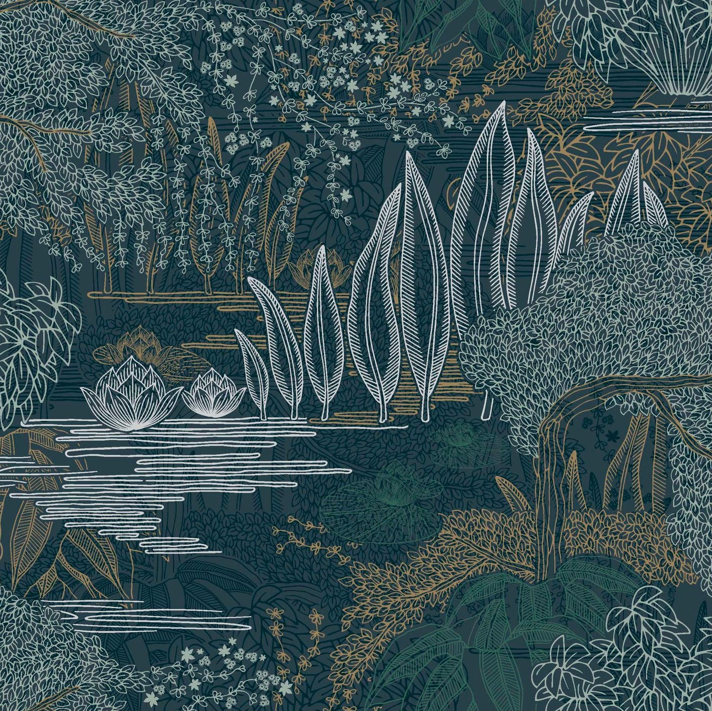 Wallpaper with a plant landscape of a water garden JASMIN - PETROLE/CELEDON dark blue with light green
