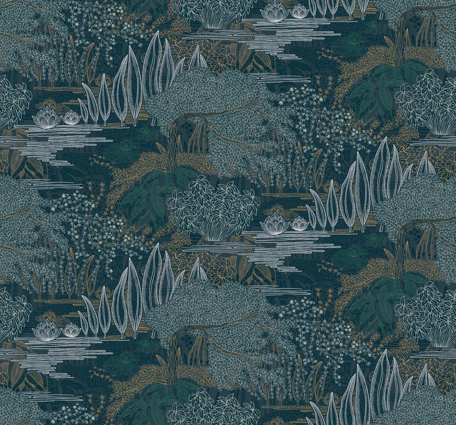 Wallpaper with a plant landscape of a water garden JASMIN - PETROLE/CELEDON dark blue with light green