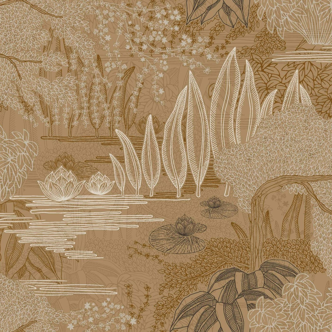 Tapete mit pflanzlichem Landschaftsmotiv eines Wassergartens JASMIN - DORÉ gold