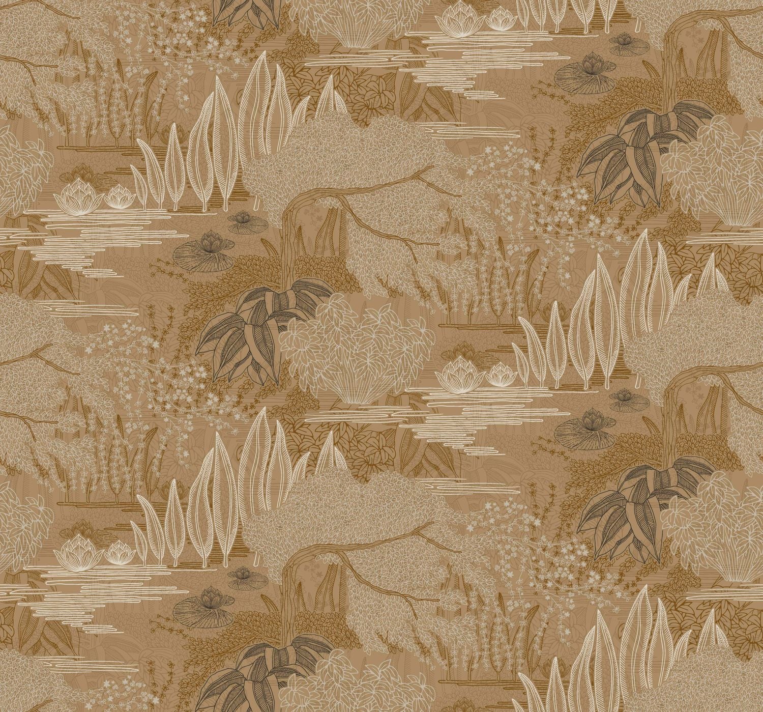 Tapete mit pflanzlichem Landschaftsmotiv eines Wassergartens JASMIN - DORÉ gold