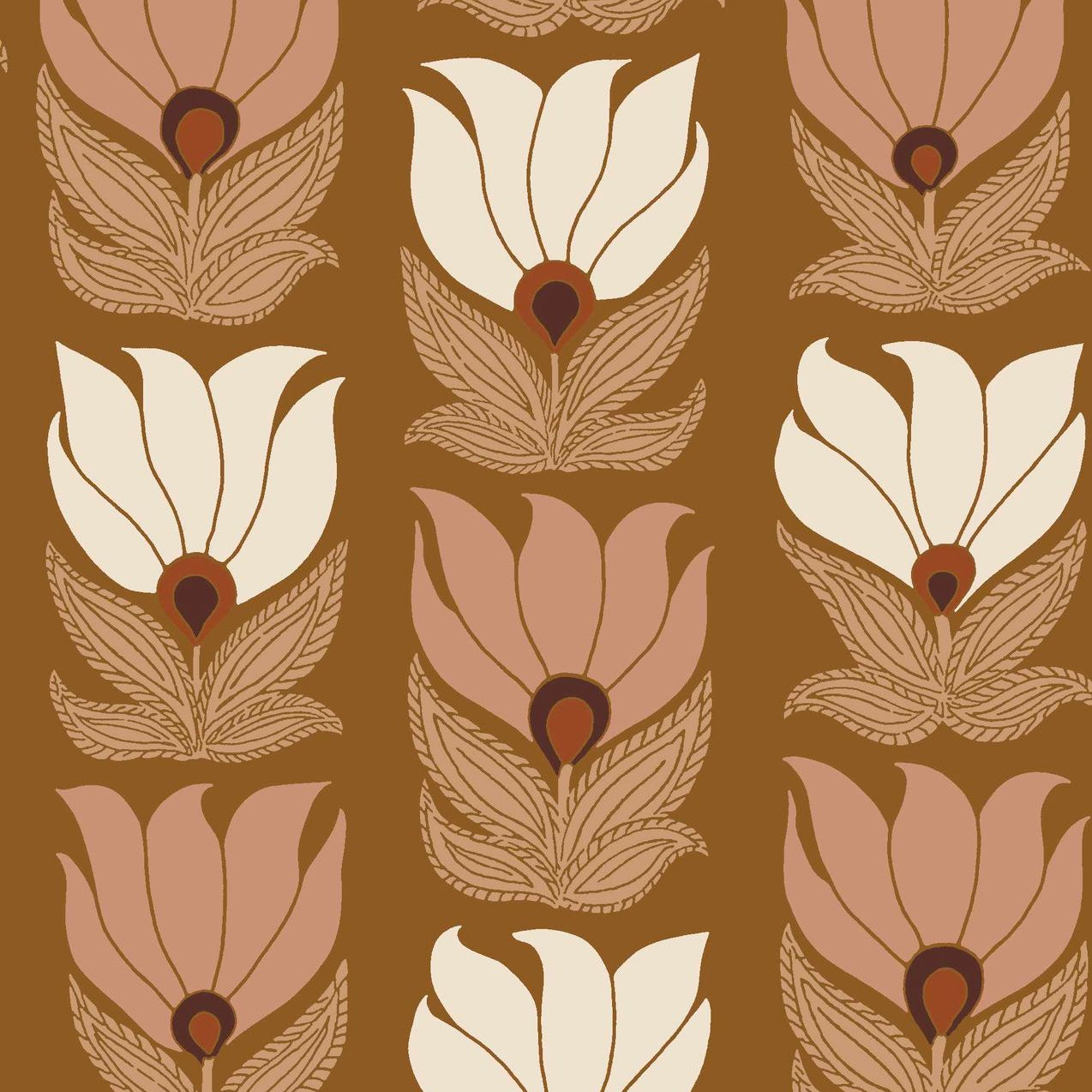 Dauphine Floral Pattern Wallpaper - Amber/Nude Brown with White and Pink