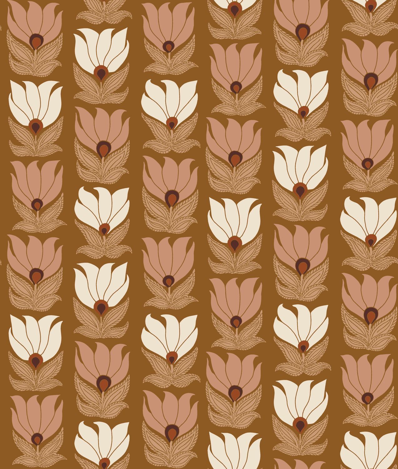 Dauphine Floral Pattern Wallpaper - Amber/Nude Brown with White and Pink