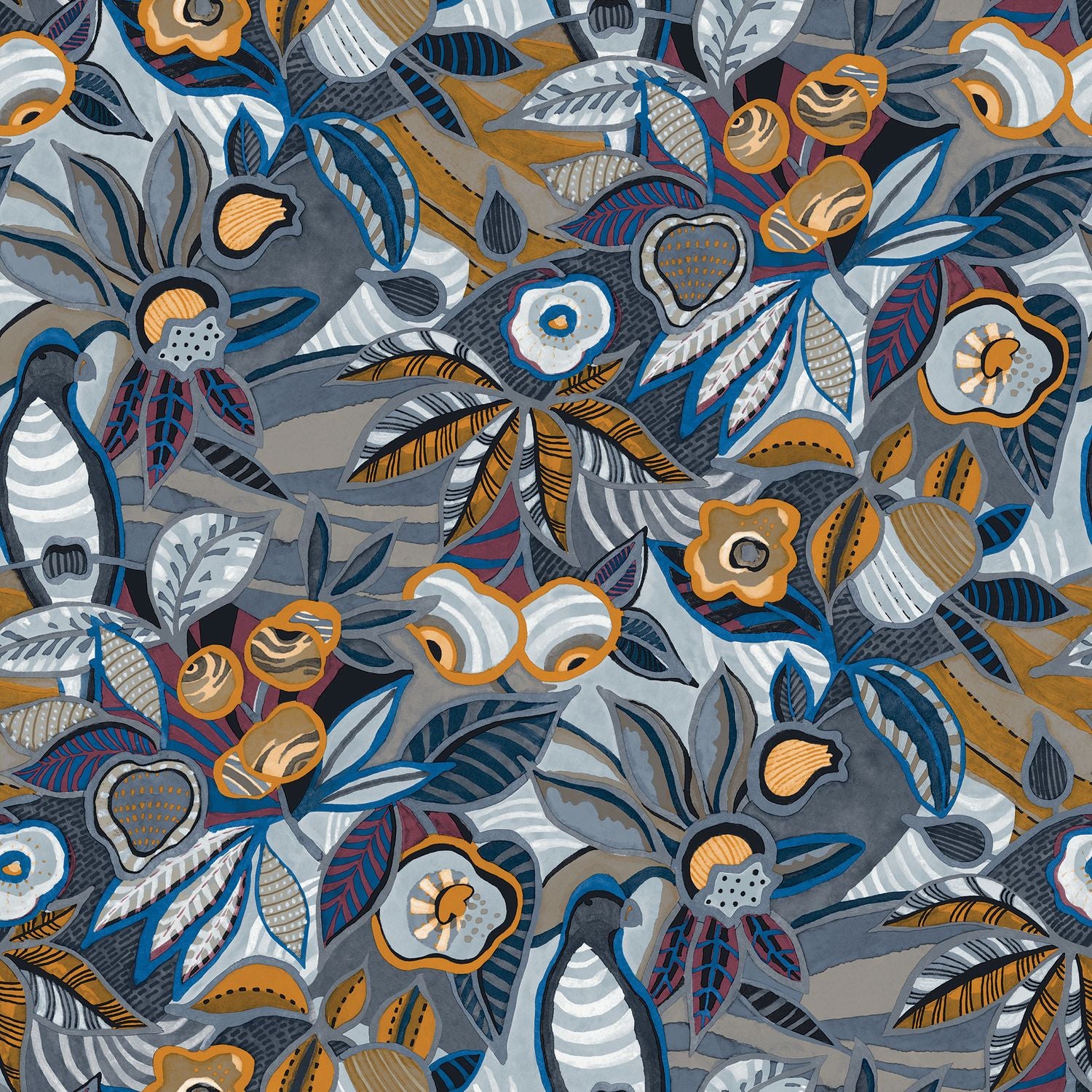 Structural wallpaper with a plant motif of leaves and flowers TEHUANA - MARINE/OCHRE blue with yellow