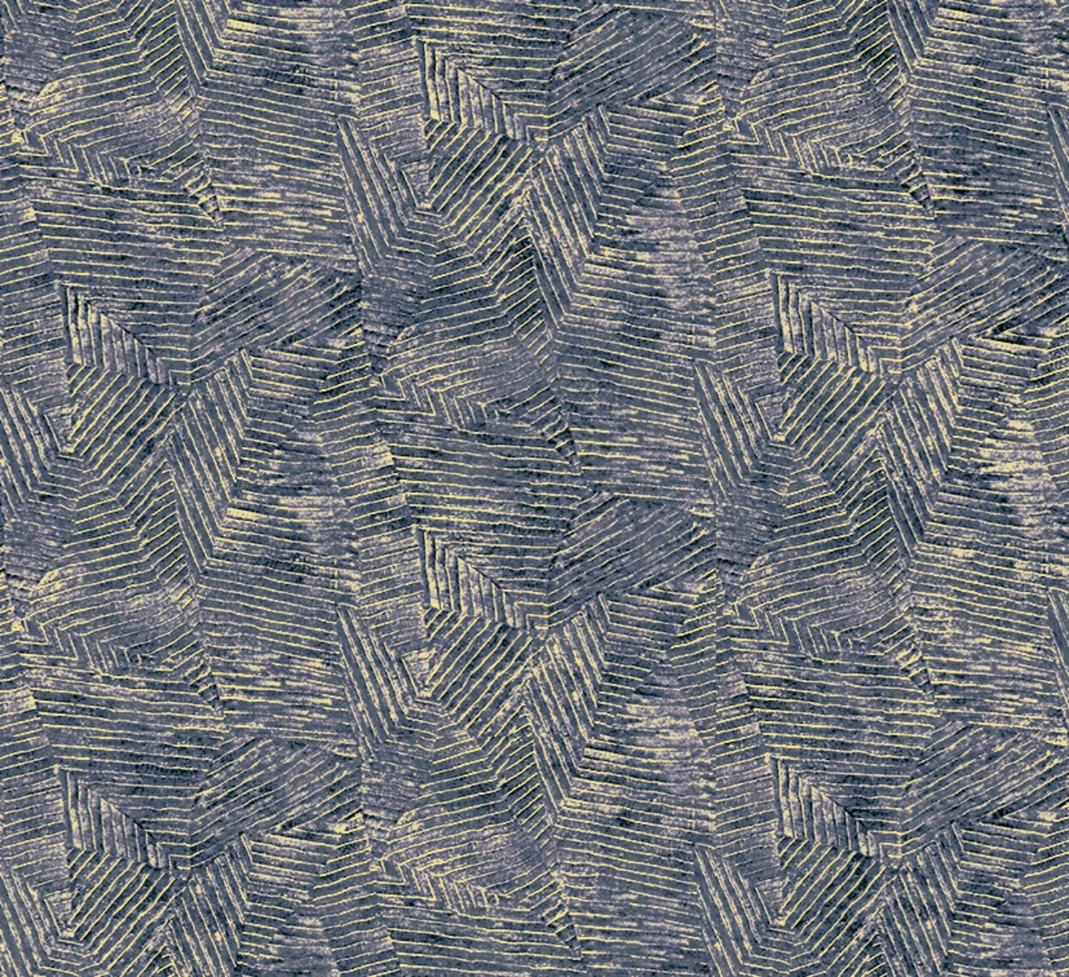 Metallic wallpaper with a geometric leaf pattern LORE - MARINE/DORÉ blue with gold