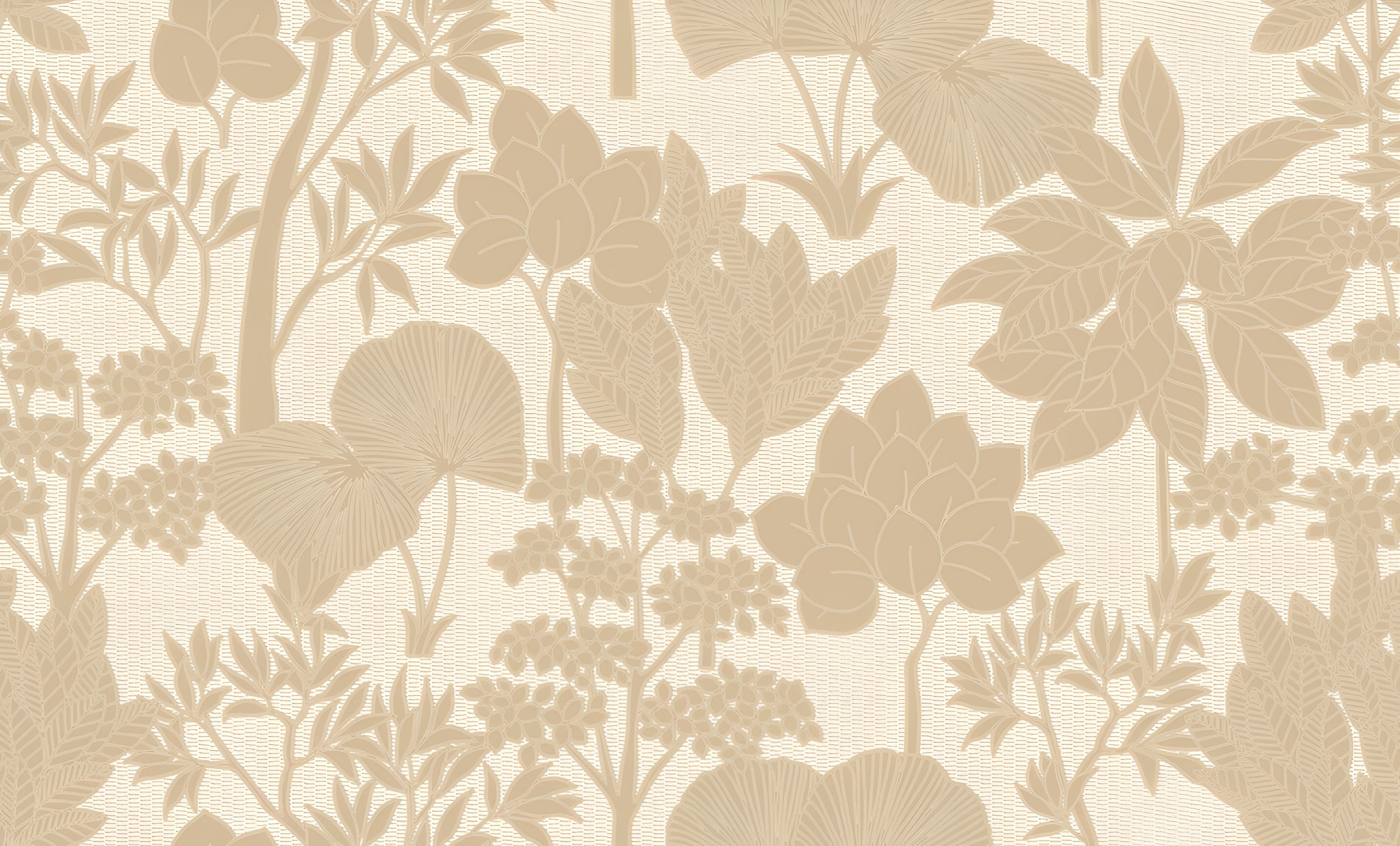 Structural wallpaper with a botanical pattern of leaves and flowers INARA - SABLE beige