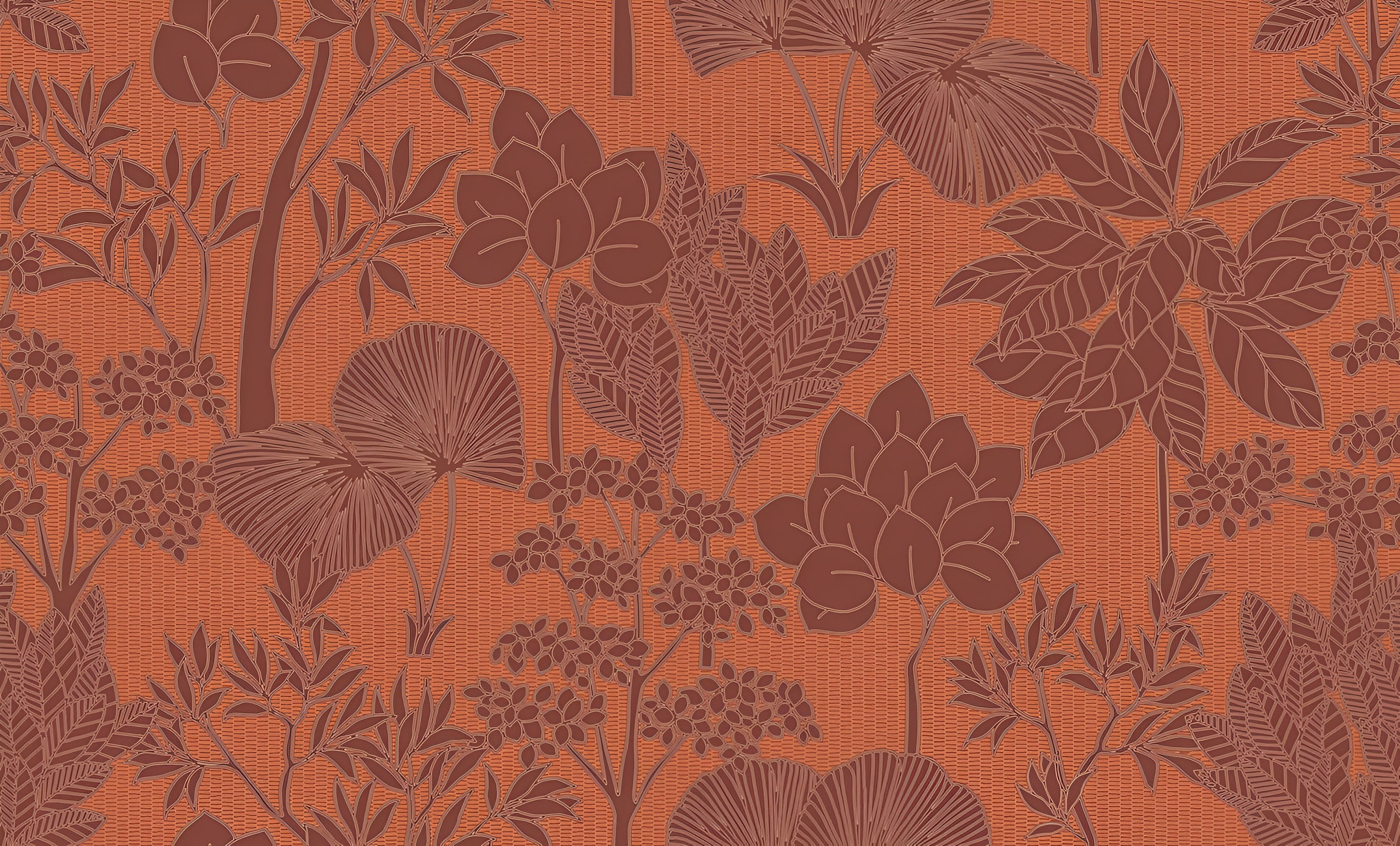 Strukturierte Tapete mit pflanzlichem Muster aus Blättern und Blumen INARA - ORANGE BRÛLÉ orange