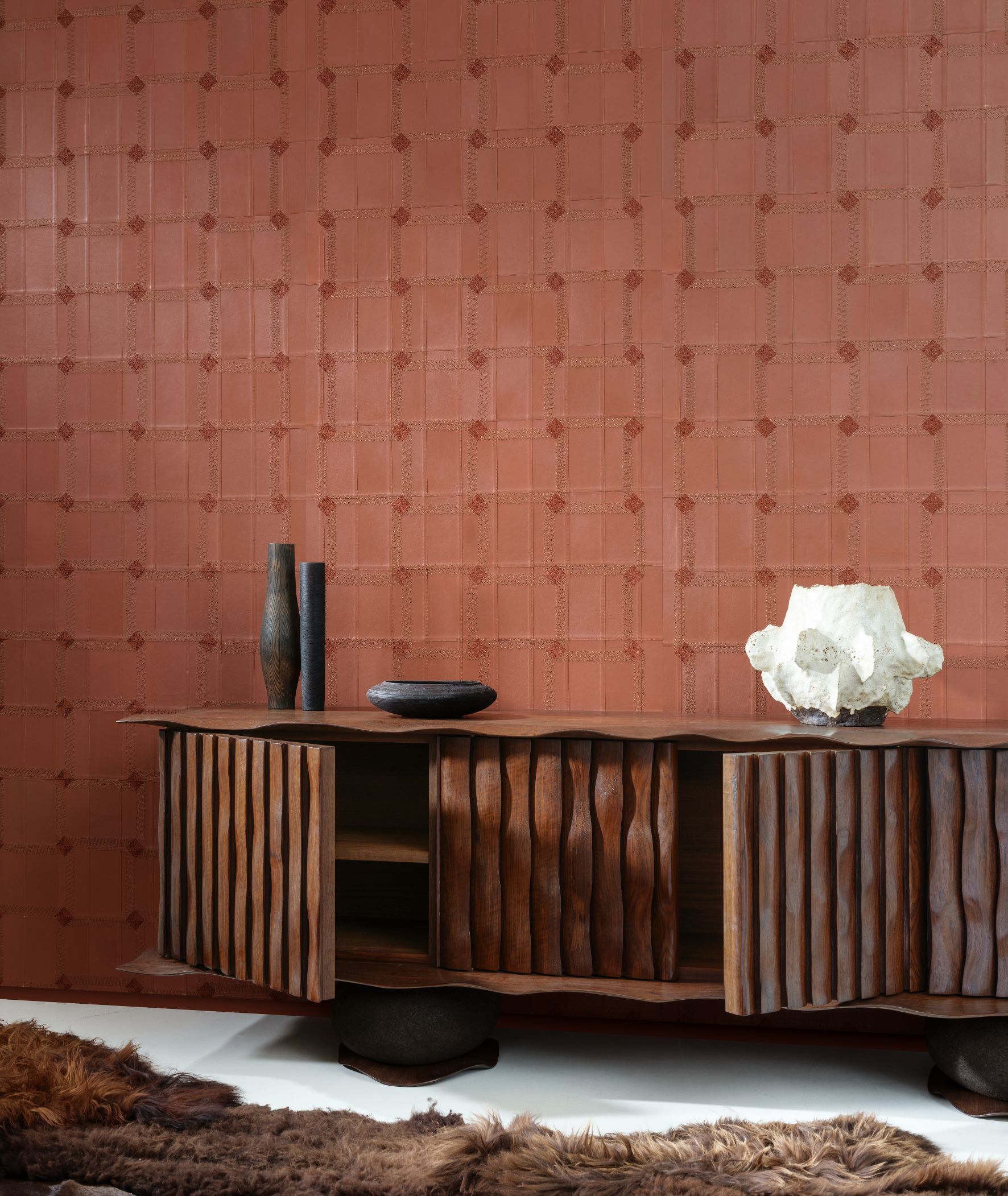 Natürliche Leder-Tapete mit geometrischem Muster CASSONE Terrakotta