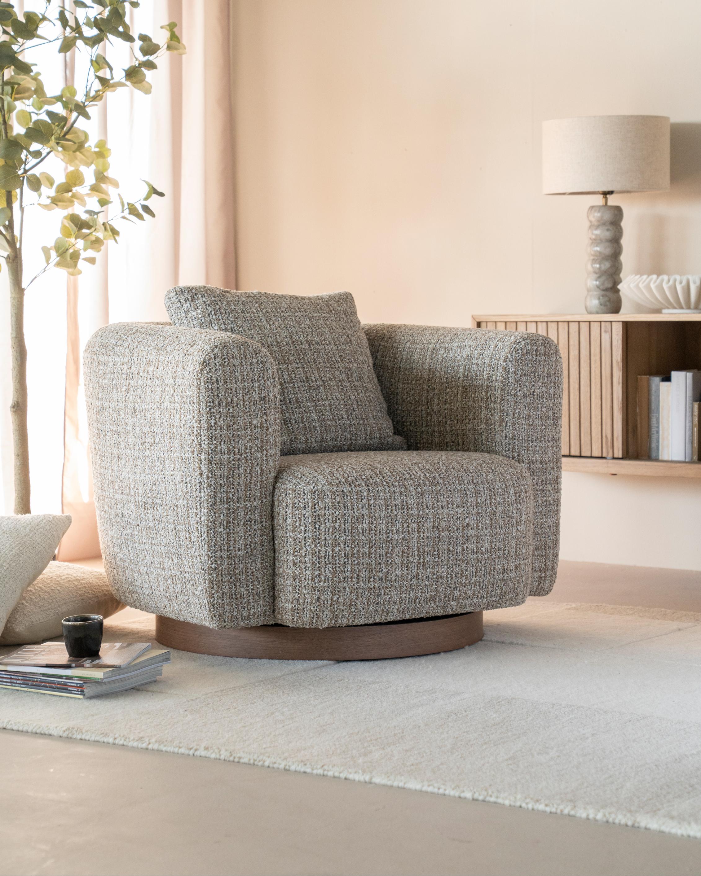 JORDAN beige swivel armchair with wooden base