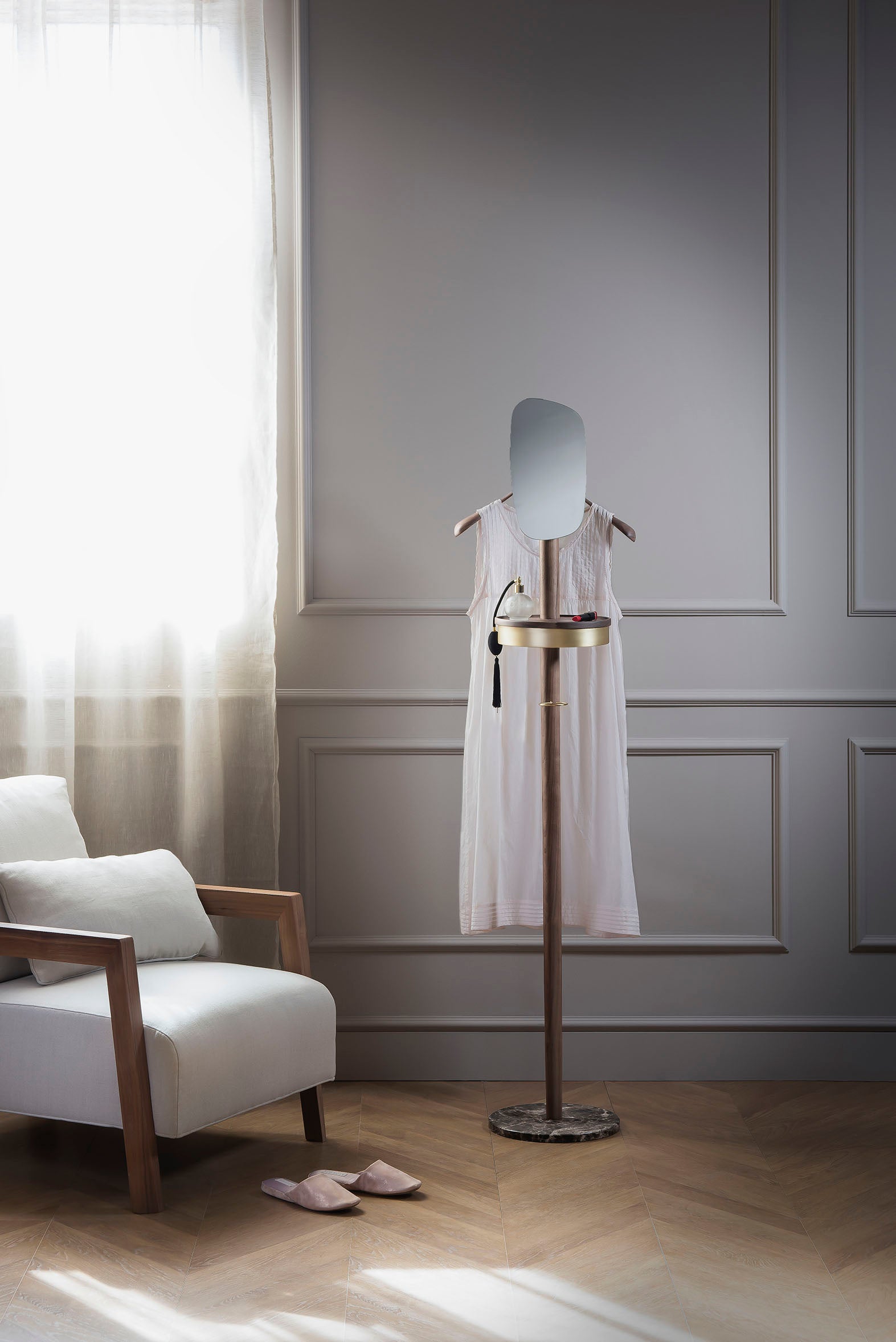 Coat rack with mirror GALAN W walnut wood with brown marble and brass finish