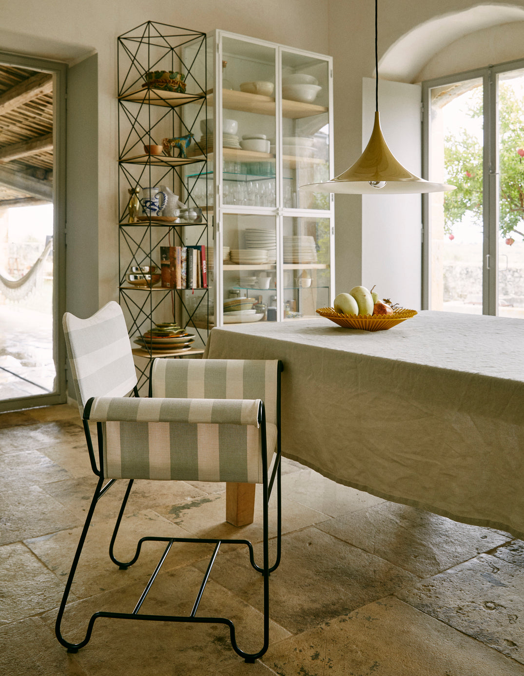 TROPIQUE garden chair in beige and white with a white steel base