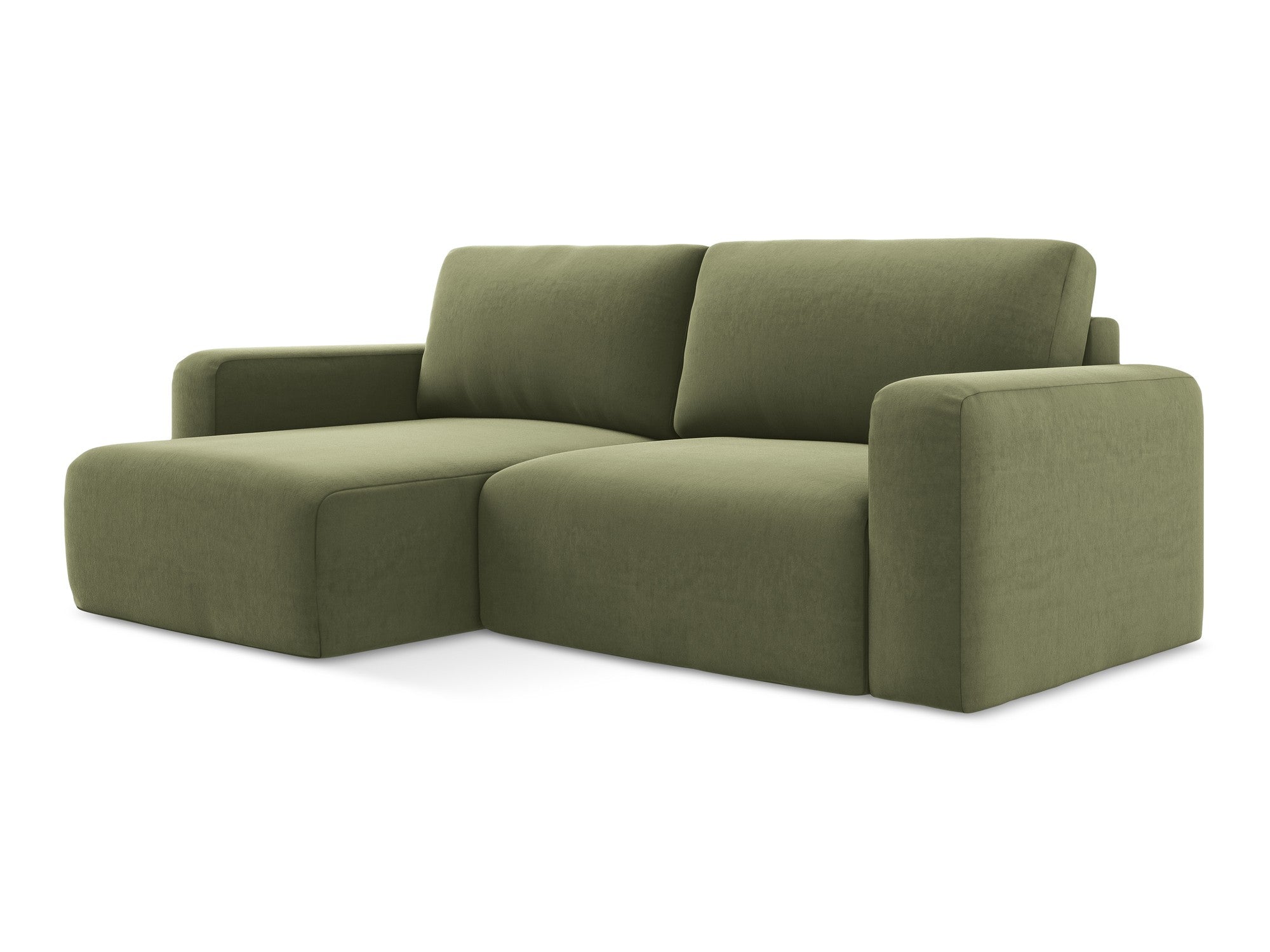 Left-facing velvet corner sofa bed KONA in olive green