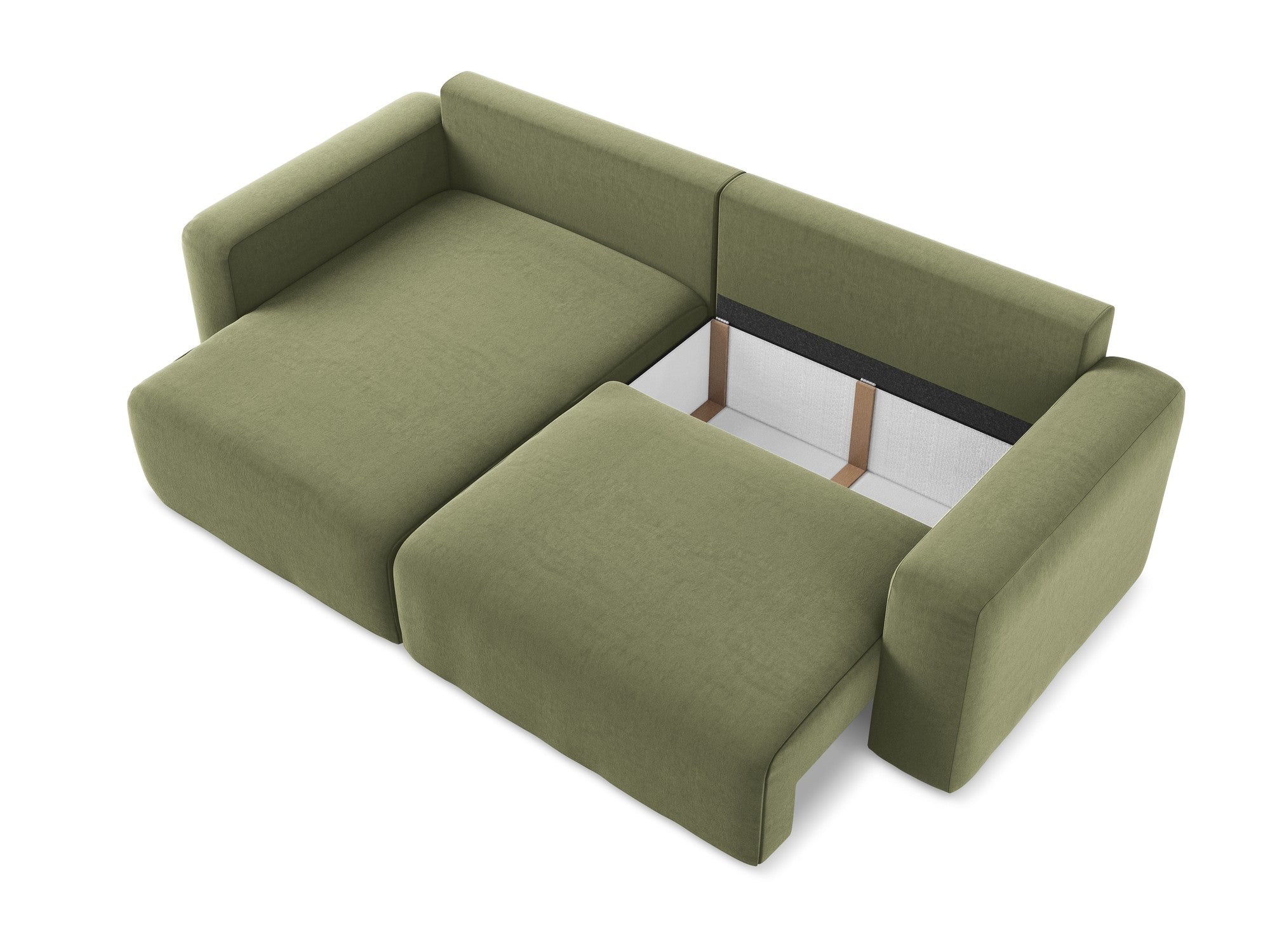 Left-facing velvet corner sofa bed KONA in olive green