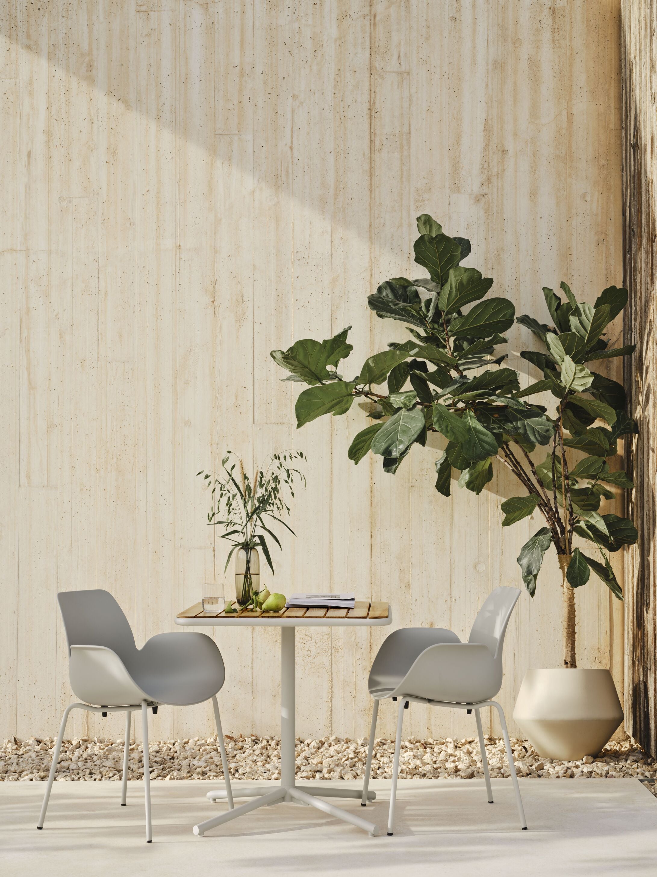 Square table external wooden kite with a gray steel base