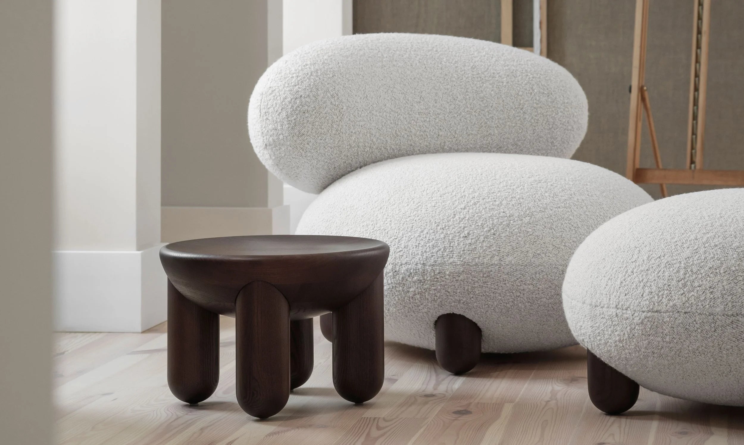 Upholstered FLOCK Armchair with Wooden Base