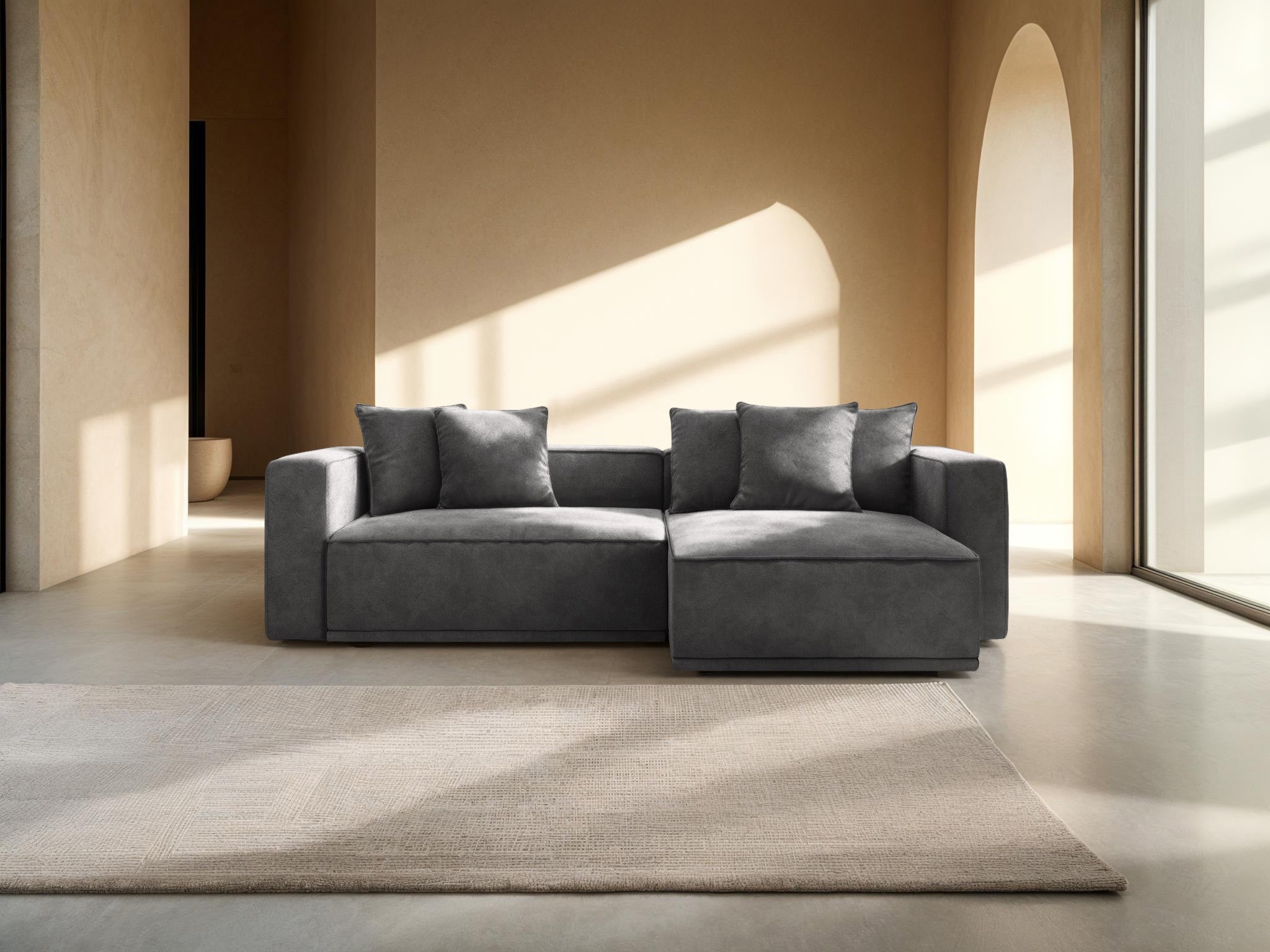Right-facing velvet corner sofa bed RIBES petrol blue