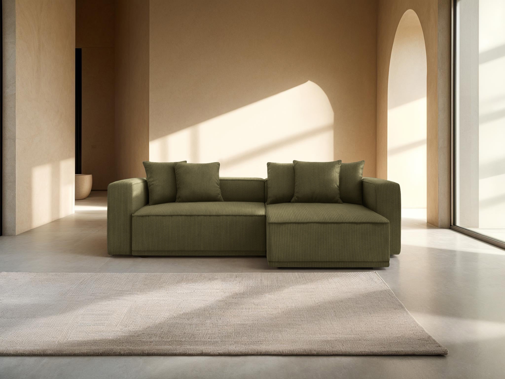 Right-sided corner sofa bed RIBES green corduroy