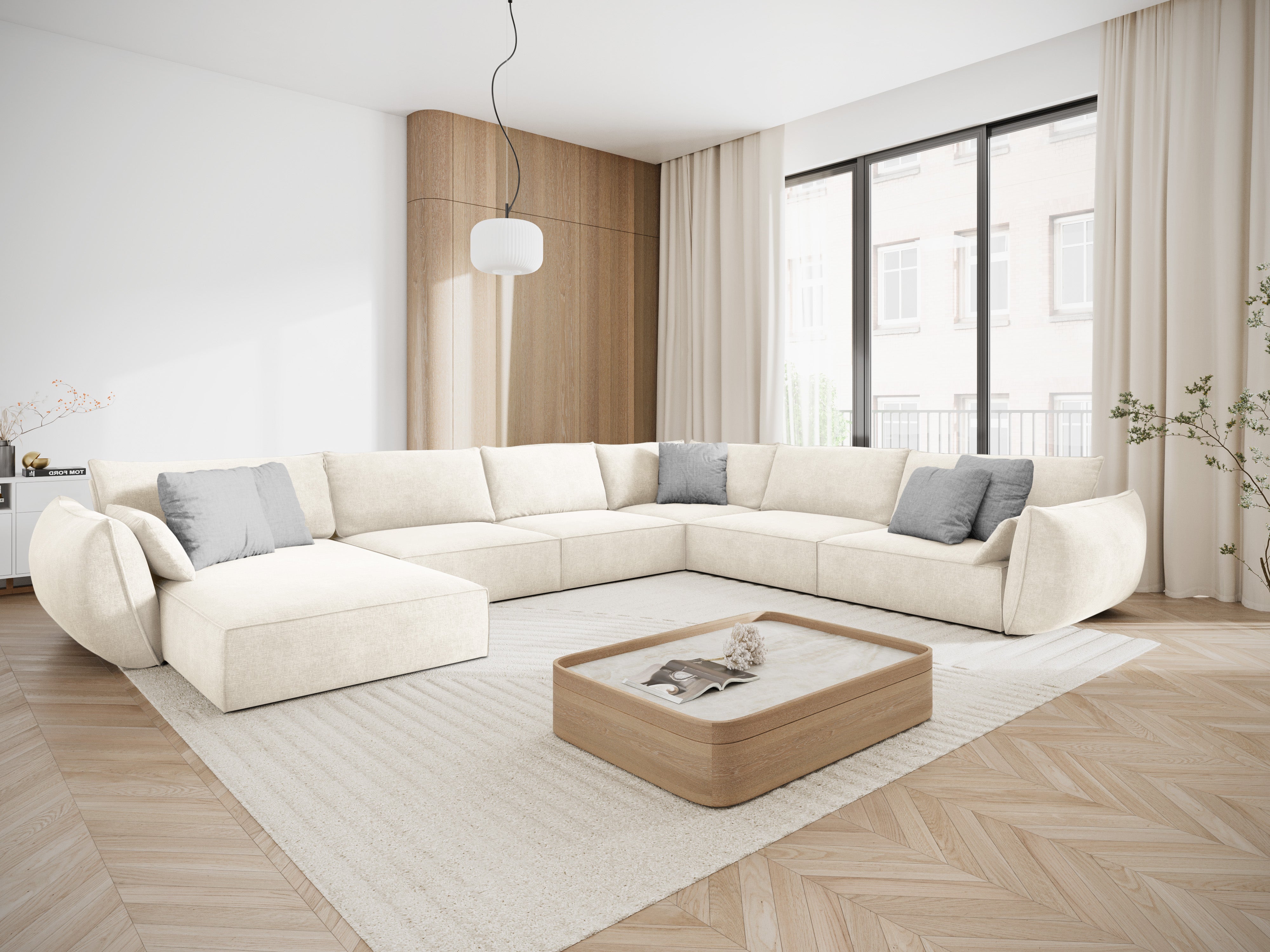 Eine Panorama -Ecke im Skinil -Stoff rechts, helles Licht beige Vanda
