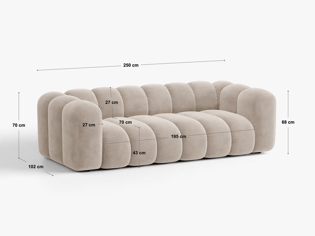 Sofa aksamitna 3-osobowa z funkcją spania LUPINE czekoladowy – wymiary